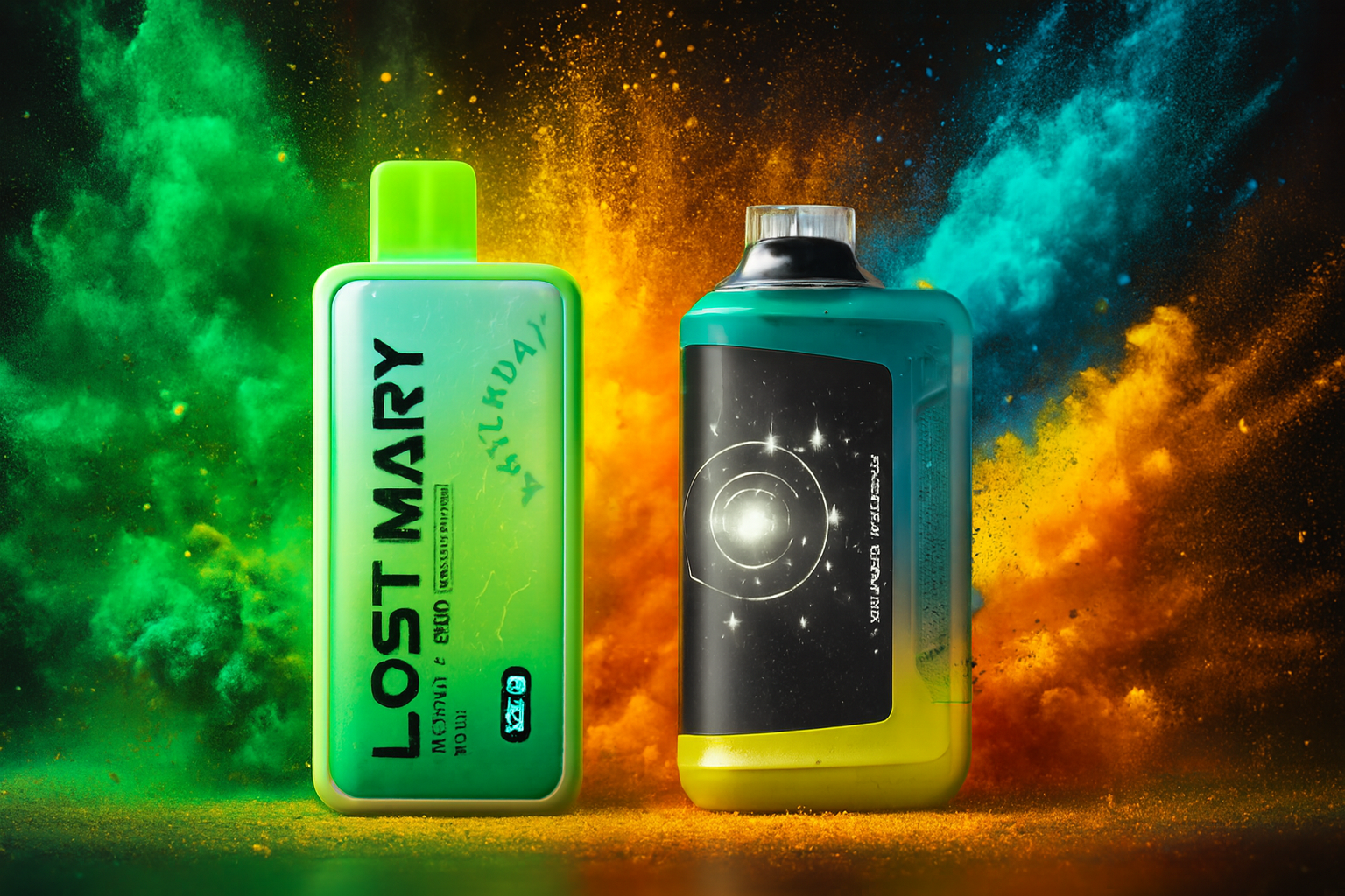 The image features two vibrant vape devices set against a dynamic explosion of colored powder in green, yellow, orange, and blue. The left device, labeled "LOST MARY," has a bold green rectangular design with technical details like "MO5000," "10 ML," and "USB-C." The right device contrasts with a sleek cylindrical shape, decorated in a cosmic theme with stars and orbit-like graphics, and the stylized label "PRECISION BLEND MIX." The energetic background enhances the sense of flavor intensity and modern style.