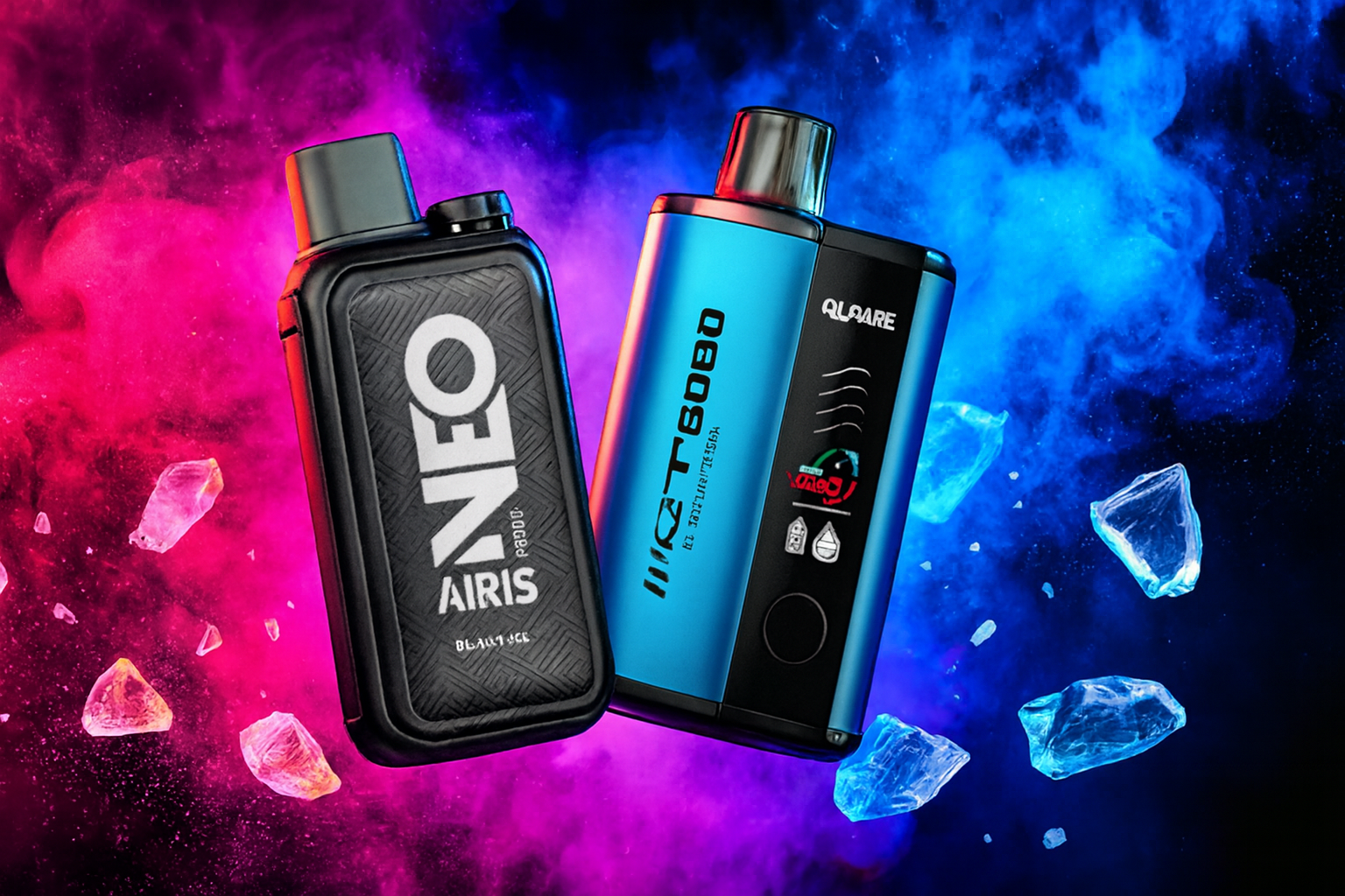 The image features two vape devices set against a vibrant backdrop of pink and blue smoke with scattered ice crystals. The left device, labeled "NEO AIRIS BLACK ICE 9000 PUFFS," has a sleek, dark design suggesting a cool, intense flavor. The right device, marked "QLQARE TT6080," displays icons indicating features like liquid capacity and battery life. The icy elements and bold colors create a refreshing, high-tech atmosphere that highlights the devices' modern appeal and cooling flavor profile.