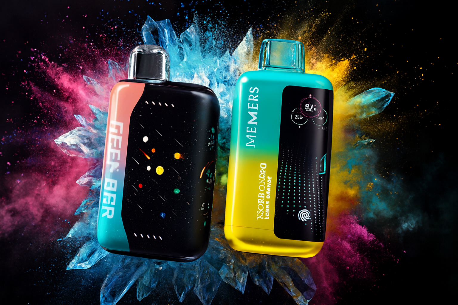 The image features two vibrant vape devices set against a dynamic background of crystal formations and colorful smoke bursts in blue, pink, yellow, and black. The left device, labeled "GEEK BAR," has a space-themed design with multicolored dots resembling planets, while the right device, marked "MEMERS," showcases a tech-inspired interface with a fingerprint icon, digital indicators, and bold text. The composition blends futuristic aesthetics with vivid energy, highlighting both flavor and innovation.