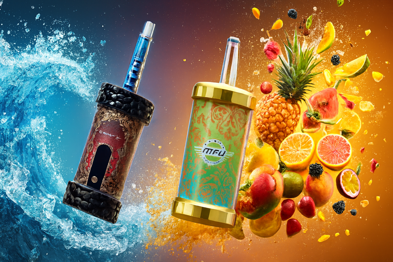 The image presents two eye-catching vape devices set against a dynamic backdrop of splashing water and vibrant fruits. The left device features a rustic red and brown design with a textured finish, surrounded by cool blue water elements, suggesting a refreshing flavor. The right device stands out with a bold green and gold look, marked with the "MFU" logo and surrounded by a burst of colorful fruits like pineapple, orange, grapefruit, watermelon, mango, and berries, highlighting a rich, tropical flavor experience.