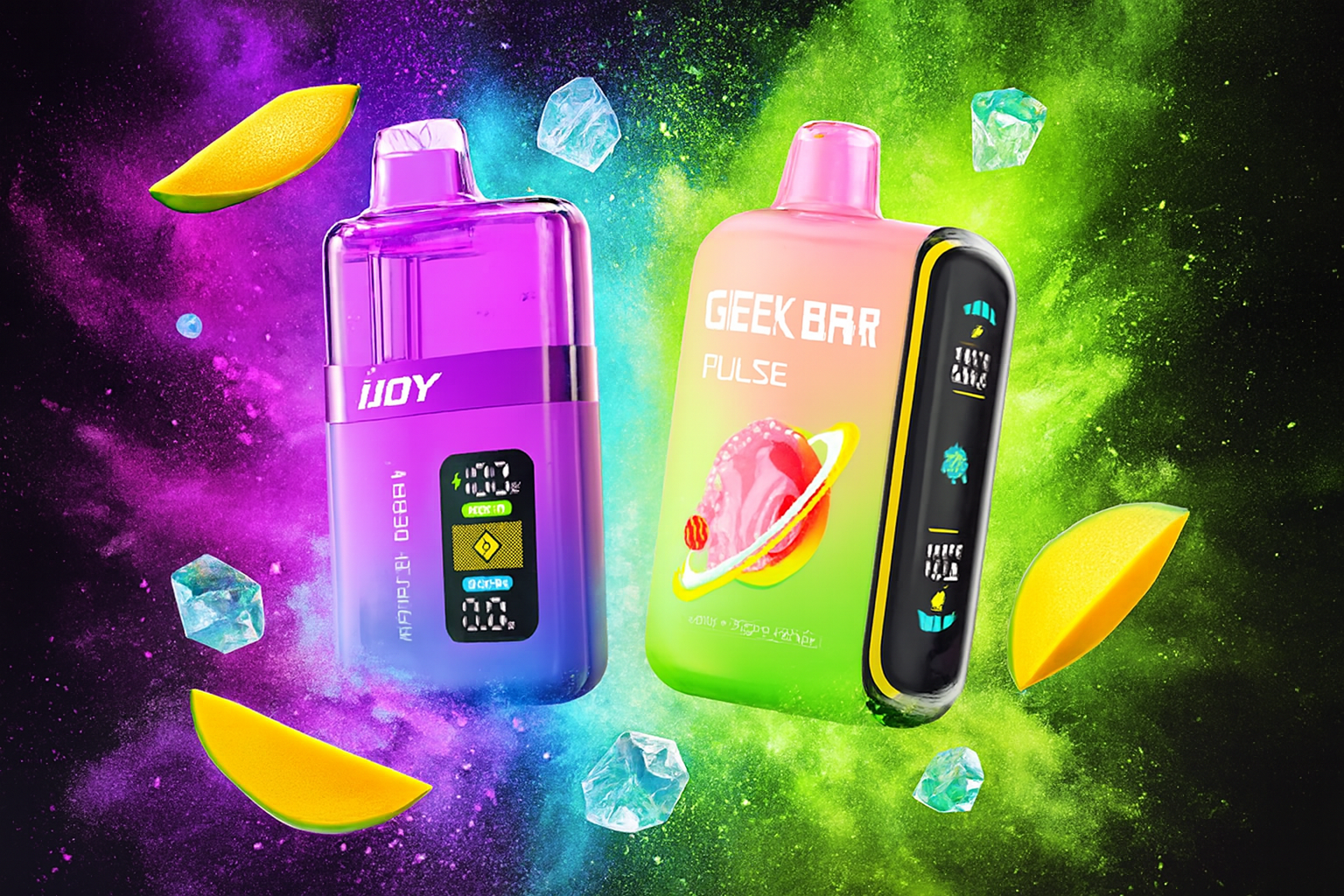 The image features two futuristic vape devices set against a cosmic-themed background of swirling purple and green nebula clouds. On the left, the sleek purple "IJOY" device displays battery and mode indicators, while on the right, the vibrant "GEEK BAR PULSE" stands out with a multicolored design, a planet graphic, and flavor details. Floating mango slices and crystal-like elements enhance the sense of freshness and flavor, creating a visually dynamic and space-inspired atmosphere.