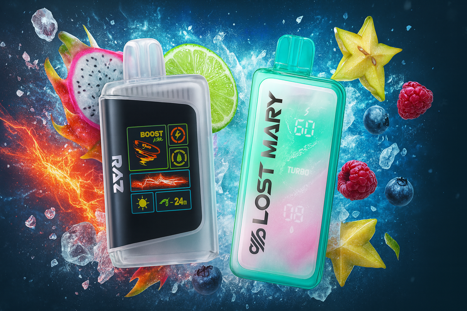 The image features two vibrant vape devices surrounded by a mix of exotic fruits and ice shards, set against a dark background with teal smoke. The left device, labeled "RAZ," displays dynamic icons like "BOOST 18s" and various symbols, suggesting advanced functionality. The right device, marked "LOST MARY," glows with digital indicators such as "60," "TURBO," and "08." Dragon fruit, lime, starfruit, raspberries, and blueberries enhance the energetic, fruity vibe, highlighting a refreshing and high-tech flavor experience.