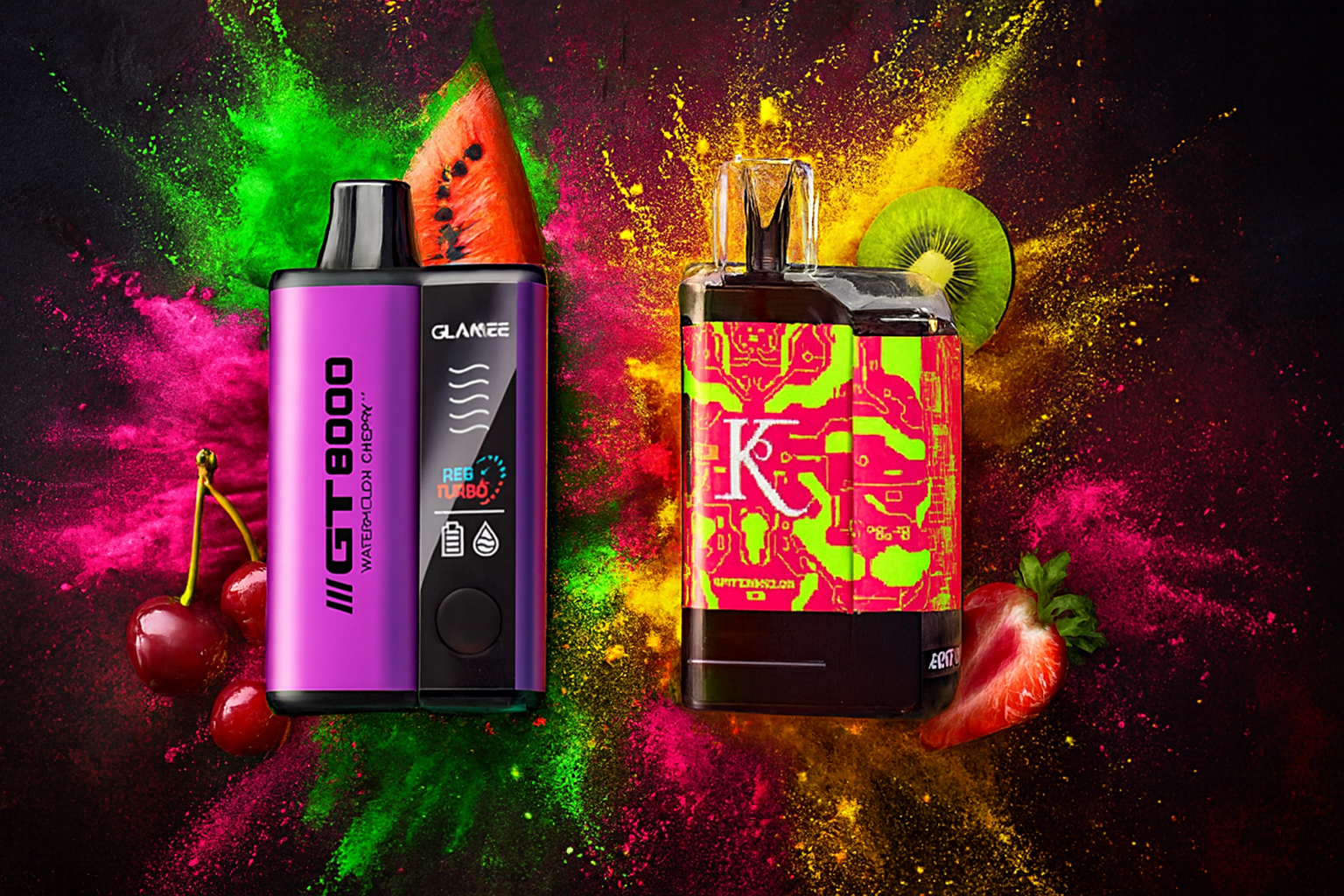 The image features two vibrant vape devices set against a colorful backdrop of powdered pigments and fresh fruits. The left device, labeled "GT 8000 WATERMELON CHERRY" by "GLAMEE," has a sleek purple and black design with a digital display reading "REG TURBO," surrounded by cherries and watermelon slices. The right device showcases a bold neon green and pink circuit-style pattern with a prominent "K" and is paired with kiwi and strawberry elements. The dynamic composition highlights fruity flavors and a futuristic aesthetic.