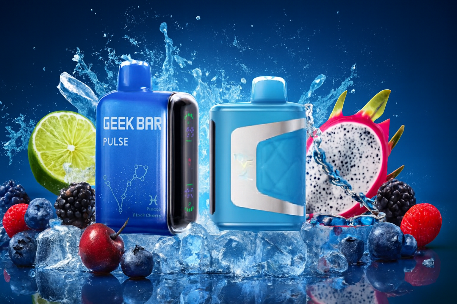 The image displays two vibrant vape devices surrounded by a splash of fruits, ice cubes, and water. The left device, labeled "GEEK BAR PULSE Pisces Black Cherry," features a constellation graphic and sleek black design. The right device is blue with silver accents and a futuristic look. Around them are lime, dragon fruit, blackberries, blueberries, raspberries, and cherries, all set on ice against a deep blue background with dynamic water splashes, evoking a fresh and fruity flavor experience.