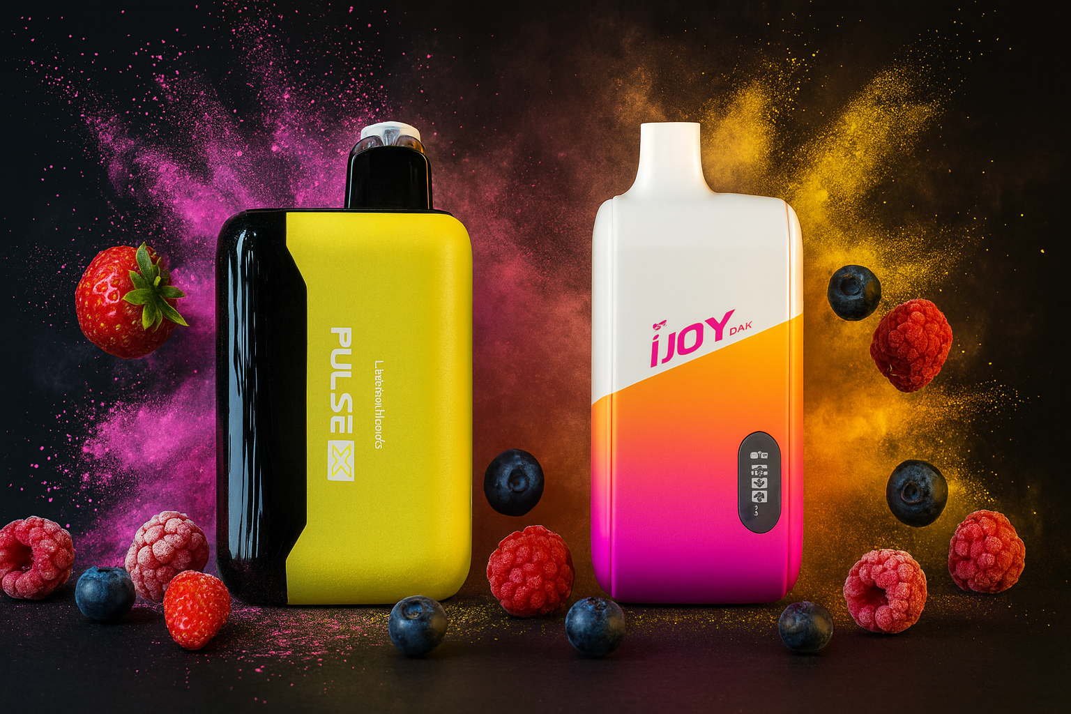 The image features two colorful vape devices set against a vibrant backdrop of fruit and powder bursts. The left device, black and yellow with the label "PULSE" and "LifesmokeHazards," is surrounded by strawberries, raspberries, blueberries, and a splash of pink powder. The right device, white with an orange-pink gradient and labeled "iJOY DAK," displays a small screen with icons and the number "3," framed by yellow powder and fruit elements. The energetic composition highlights the fruity, flavorful essence of the products.