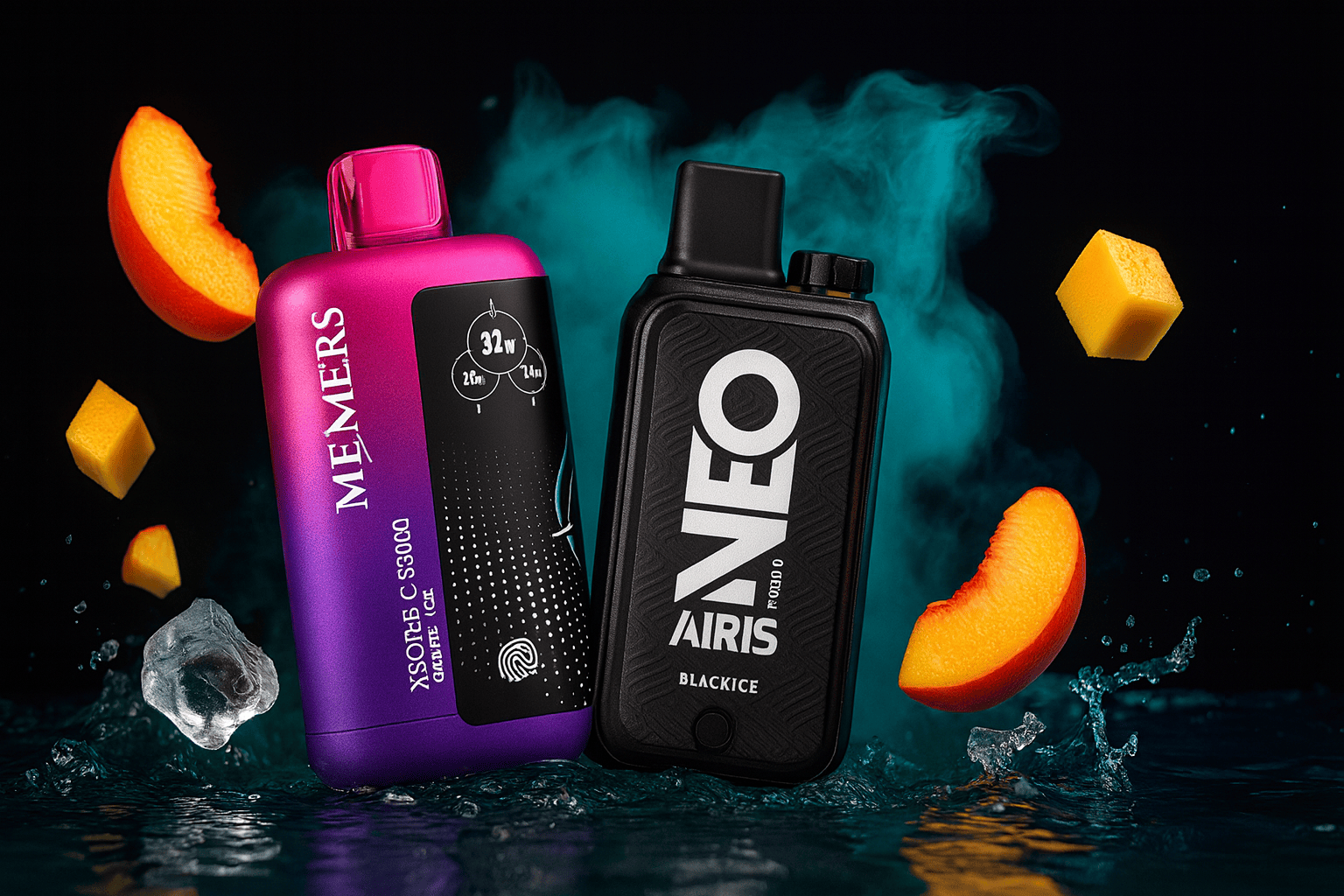 The image showcases two stylish vape devices set against a dramatic dark background with teal smoke and splashes of water. The left device, in a gradient of purple and pink, is branded "MEMERS" and displays technical specs like "32W" and "2.6Ω." The right device is sleek and black, labeled "NEO AIRIS BLACKICE" in bold white text. Floating around them are peach slices, mango cubes, and ice, emphasizing a cool, fruity flavor experience with a bold, refreshing vibe.