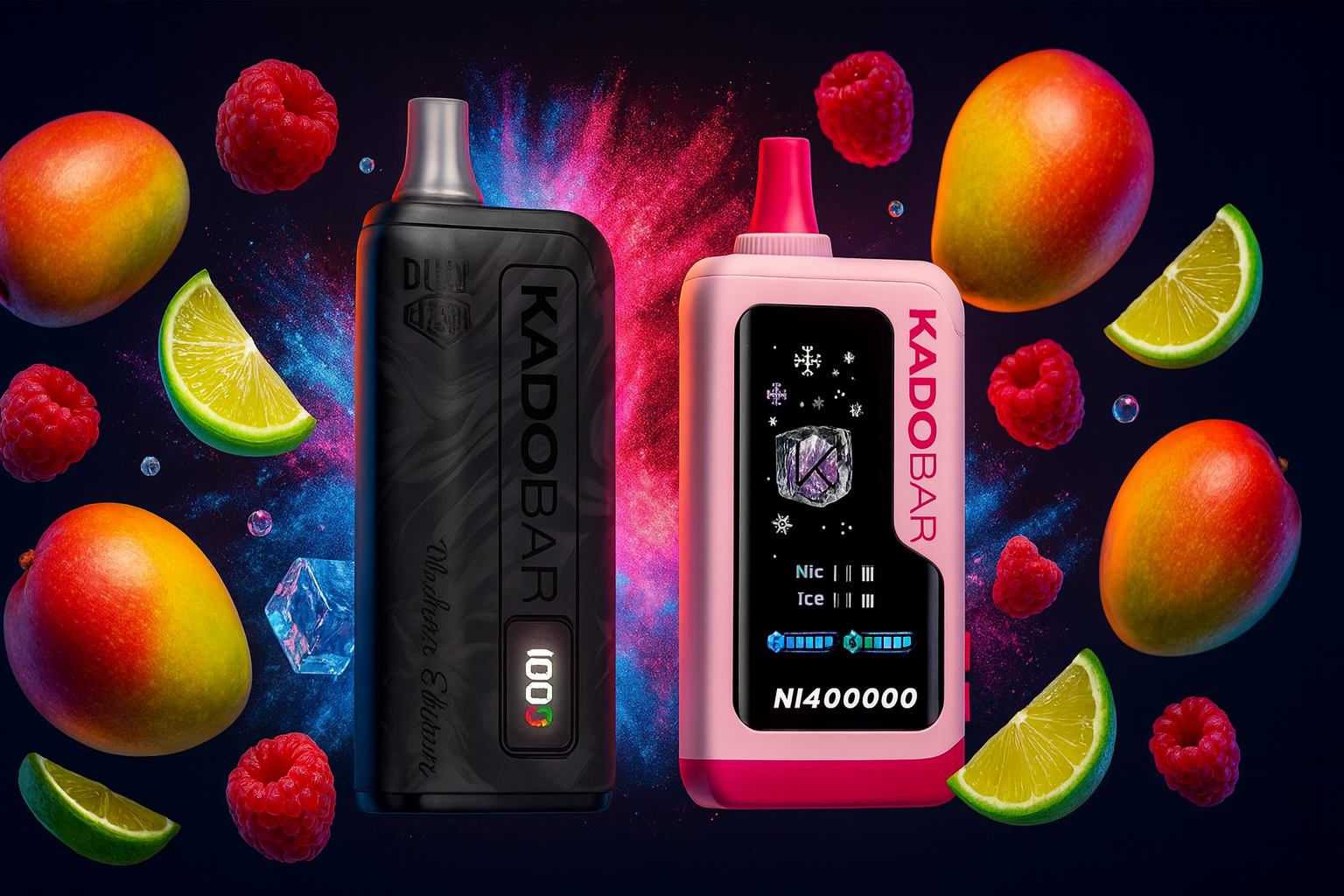 The image showcases two vibrant vape devices branded "KADOBAR" set against a dynamic background filled with colorful splashes, fruits, and ice cubes. The black device on the left features a metallic finish, a small screen displaying "100," and the label "Atmosphere Edition." The pink device on the right includes a digital display with icons for snowflakes, nicotine and ice levels, battery indicators, and the code "NI4000000." Surrounding elements like mangoes, raspberries, lime slices, and ice emphasize a refreshing, fruity flavor experience with a high-tech twist.