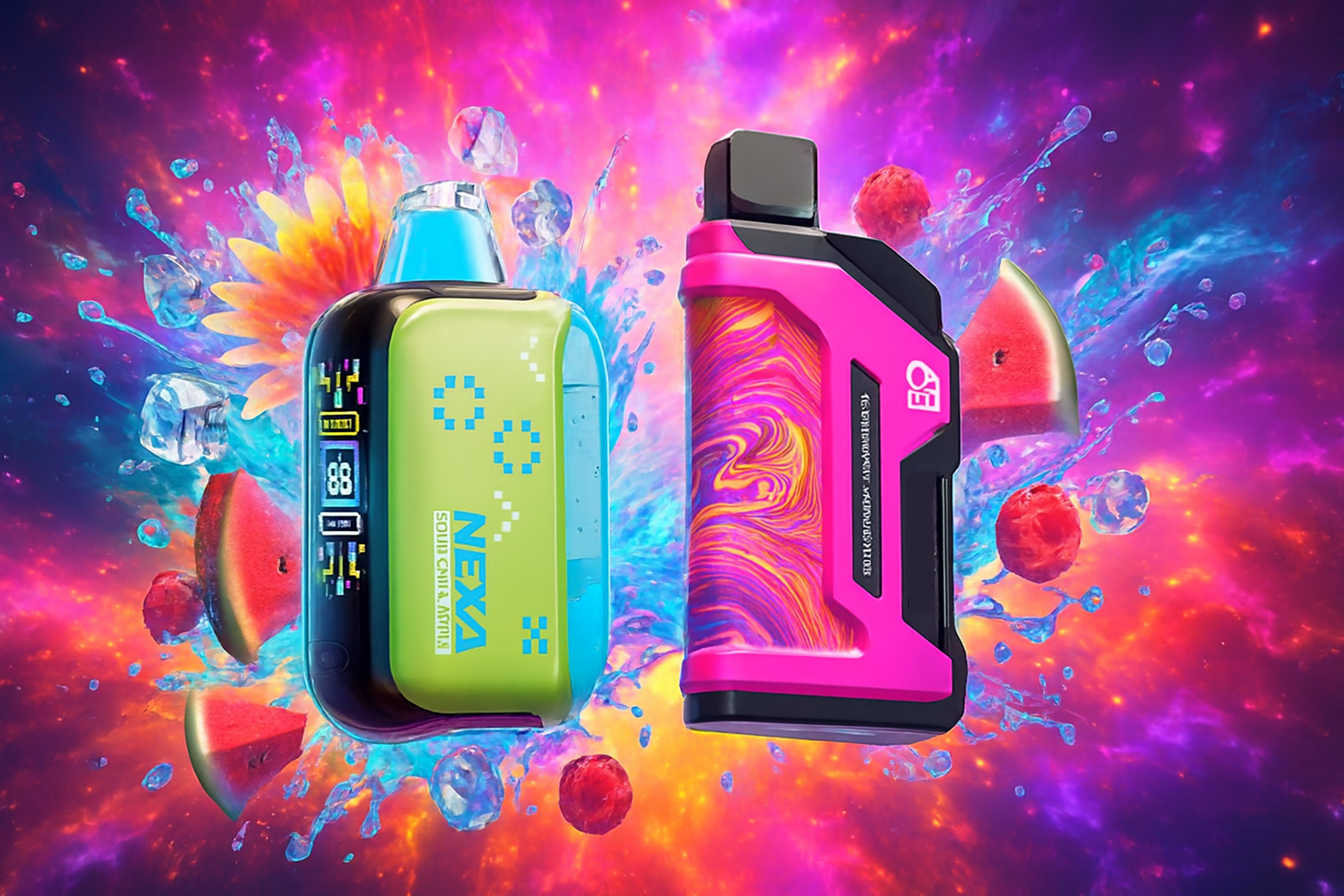 The image features two vibrant vape devices set against a psychedelic backdrop of swirling purples, blues, and oranges. The left device, green and black, displays a digital screen and is labeled "NEXA" with the flavor "SOUR SKITTL AMINA." The right device, pink and black with a colorful swirl pattern, includes the number "50" and chemical-style text. Surrounding them are watermelon slices, ice cubes, splashes of water, and a sunflower, creating a bold, energetic atmosphere that suggests intense flavor and futuristic design.
