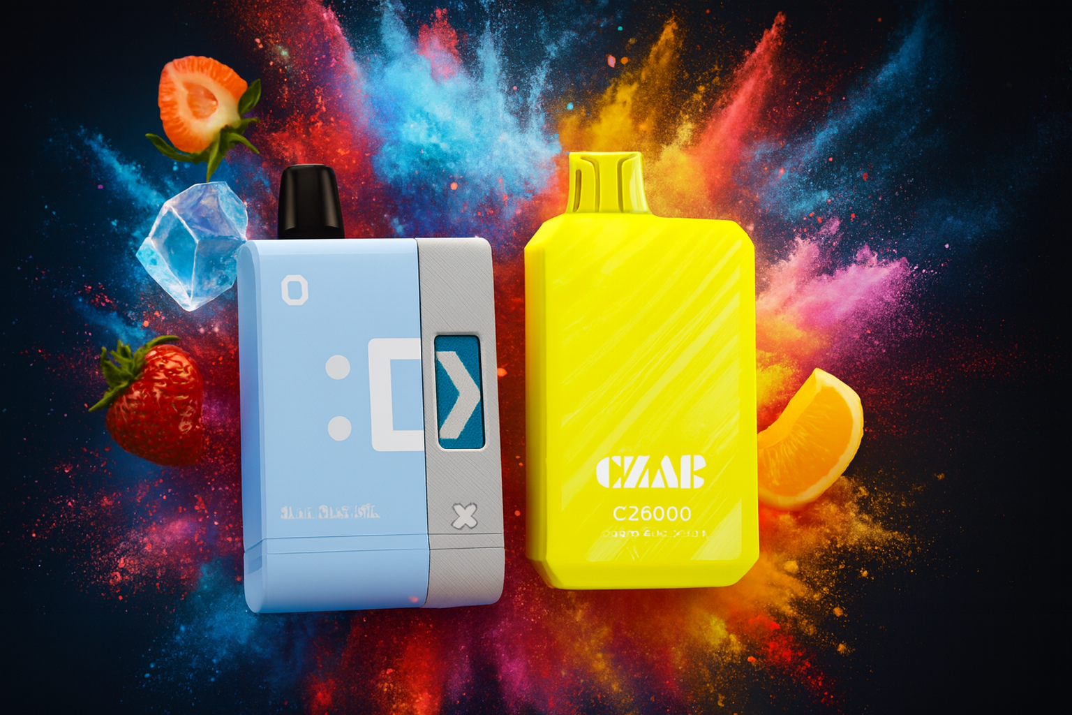 The image features two colorful vape devices set against a vibrant explosion of multicolored powder—blue, red, yellow, and pink. The left device, labeled "Blue Razz Ice," has a light blue and gray body with a digital-style face and a black mouthpiece, surrounded by strawberries, kiwi, and ice crystals. The right device, marked "CZAR C26000," is bright yellow with a unique mouthpiece and text indicating "zero nic x 1.8." The dynamic composition and fruity elements highlight a refreshing and flavorful vaping experience.