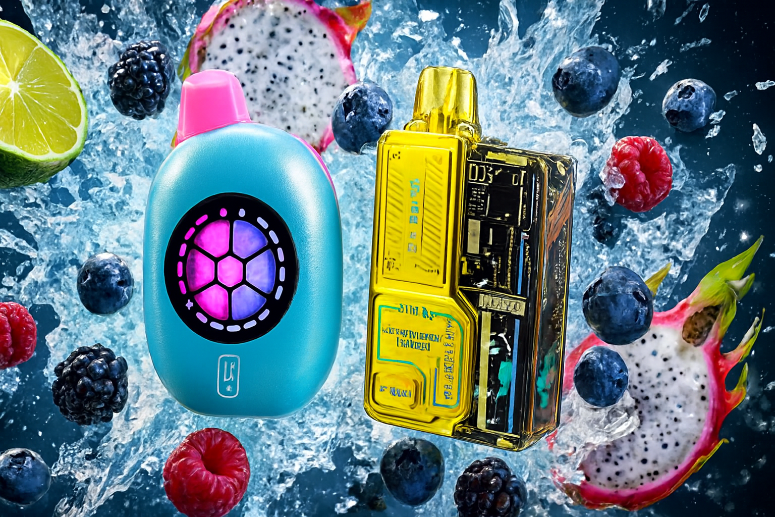 The image features two vibrant vape devices set against a dynamic backdrop of splashing water and assorted fruits. The left device is blue with a pink mouthpiece and a glowing honeycomb-like design, while the right device is gold and yellow with a tech-inspired look and visible circuitry. Surrounding them are blueberries, raspberries, blackberries, lime slices, and dragon fruit, all in motion with water splashes, creating a bold, refreshing atmosphere that highlights fruity flavors and modern design.