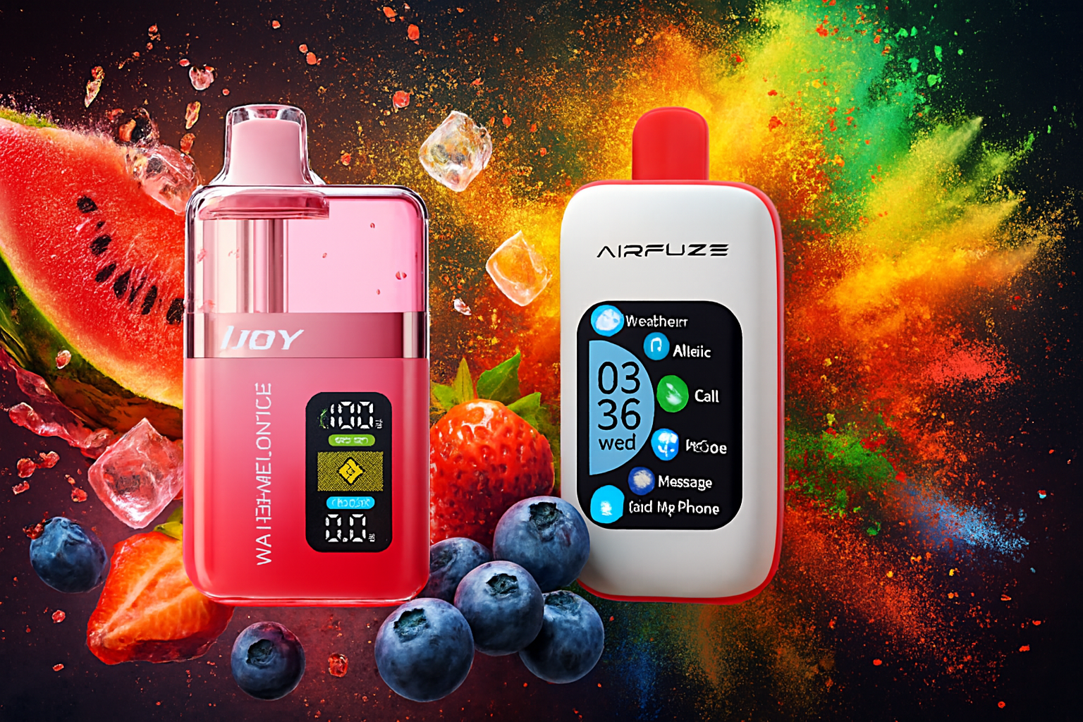 The image showcases two vibrant vape devices set against a lively backdrop of fruits, ice, and colorful powder bursts. The left device, in bright pink, is labeled “IJOY” with the flavor “WATERMELON ICE” and features a digital display showing battery and puff stats. The right device, white with a red mouthpiece, is branded “AIRFUZE” and mimics a smartphone screen with icons for weather, music, calls, and messages. Surrounding elements like watermelon, strawberries, blueberries, and ice cubes emphasize a refreshing, tech-inspired flavor experience.