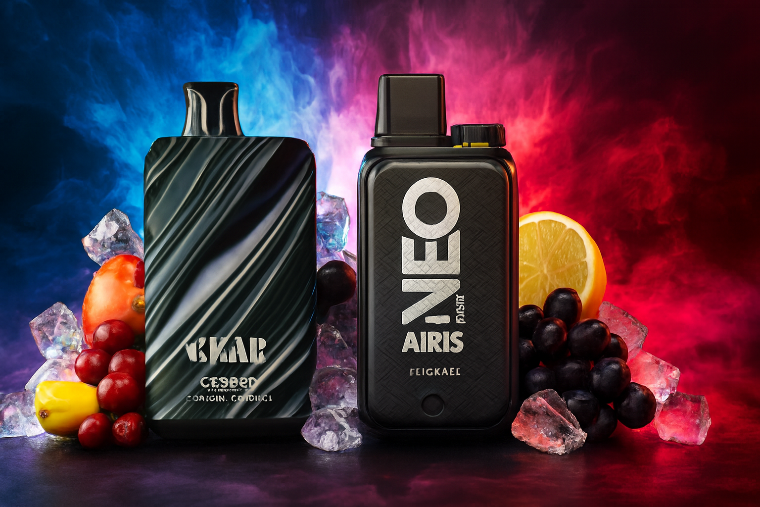 The image showcases two sleek vape devices surrounded by vibrant fruits and scattered ice cubes, set against a dramatic backdrop of swirling blue and red mist. The left device, labeled "SKAR," features a black marbled design, while the right one, marked "NEO AIRIS," stands out with a bold vertical logo. Grapes, lemon, tomato, and a yellow fruit emphasize the refreshing, fruity flavor theme, creating a visually striking and energetic composition.