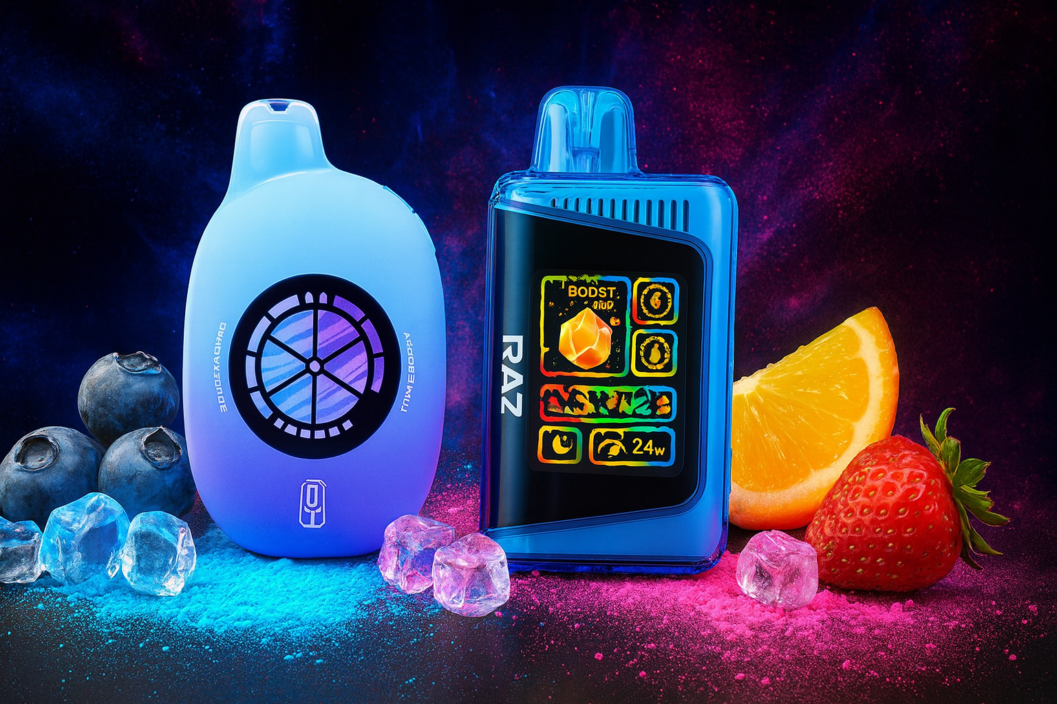The image showcases two vibrant vape devices set against a cosmic-themed background with splashes of pink, blue, and orange. On the left, an oval-shaped device in gradient blue and purple features a circular design resembling a futuristic fan, surrounded by blueberries and ice cubes, hinting at a cool blueberry flavor. On the right, a transparent blue rectangular device displays "BOOST LIQUID" and "24w" on its digital screen, placed beside a sliced orange, strawberry, and ice, suggesting a refreshing fruity blend. The glowing effects and dynamic layout create a bold, futuristic vibe.