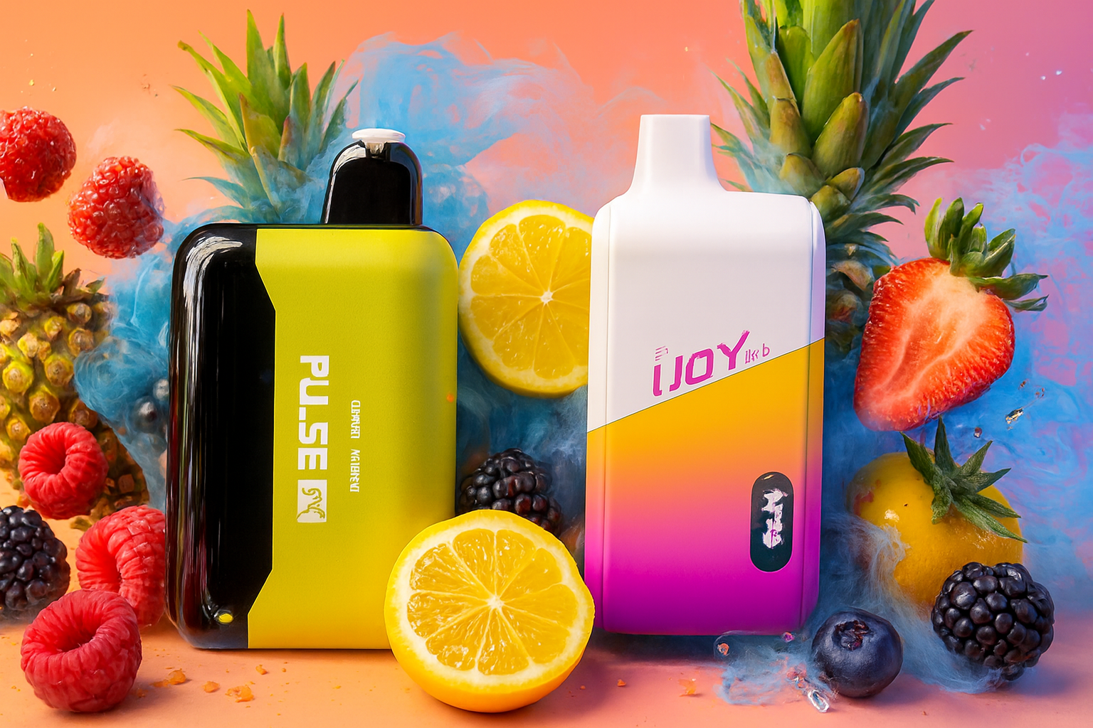 The image features two vibrant vape devices surrounded by an assortment of fresh fruits, including pineapples, berries, lemons, and strawberries. Set against a warm orange-pink gradient background with swirling blue smoke effects, the scene evokes a tropical, fruity atmosphere. The left device is labeled "PULSE" with "CHAMPION" and "MEMENTO" written vertically, while the right one displays the brand "IJOY" with stylized text, emphasizing a lively and flavorful vibe.