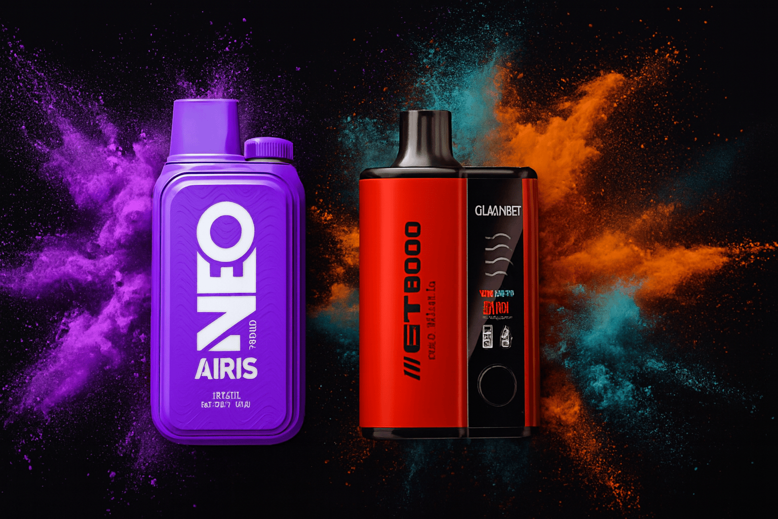 The image displays two colorful vape devices set against a vibrant explosion of purple, orange, and teal powder. The left device, labeled "NEO AIRIS OMEGA," features a sleek purple design with technical markings, while the right device, marked "GT8000" and "GLAANBET," has a bold red and black look with a digital display showing various icons and text. The dynamic background and vivid colors emphasize a modern, high-energy aesthetic that highlights the futuristic appeal of the products.