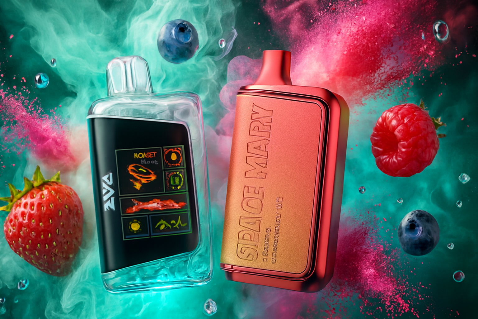 The image showcases two vibrant vape devices surrounded by dynamic fruit elements and swirling vapor effects. The left device is transparent with a black label featuring neon graphics, fruit icons, and the word "NOASET," giving it a futuristic, flavor-forward look. The right device is metallic red with embossed text reading "SPACE MARY," along with details like "3.0 ML/8000 Puffs" and "Ultra Premium Light Use." Scattered around are strawberries, raspberries, blueberries, and bursts of colorful powder, creating a bold, energetic atmosphere that highlights the fruity freshness and sleek design of the products.