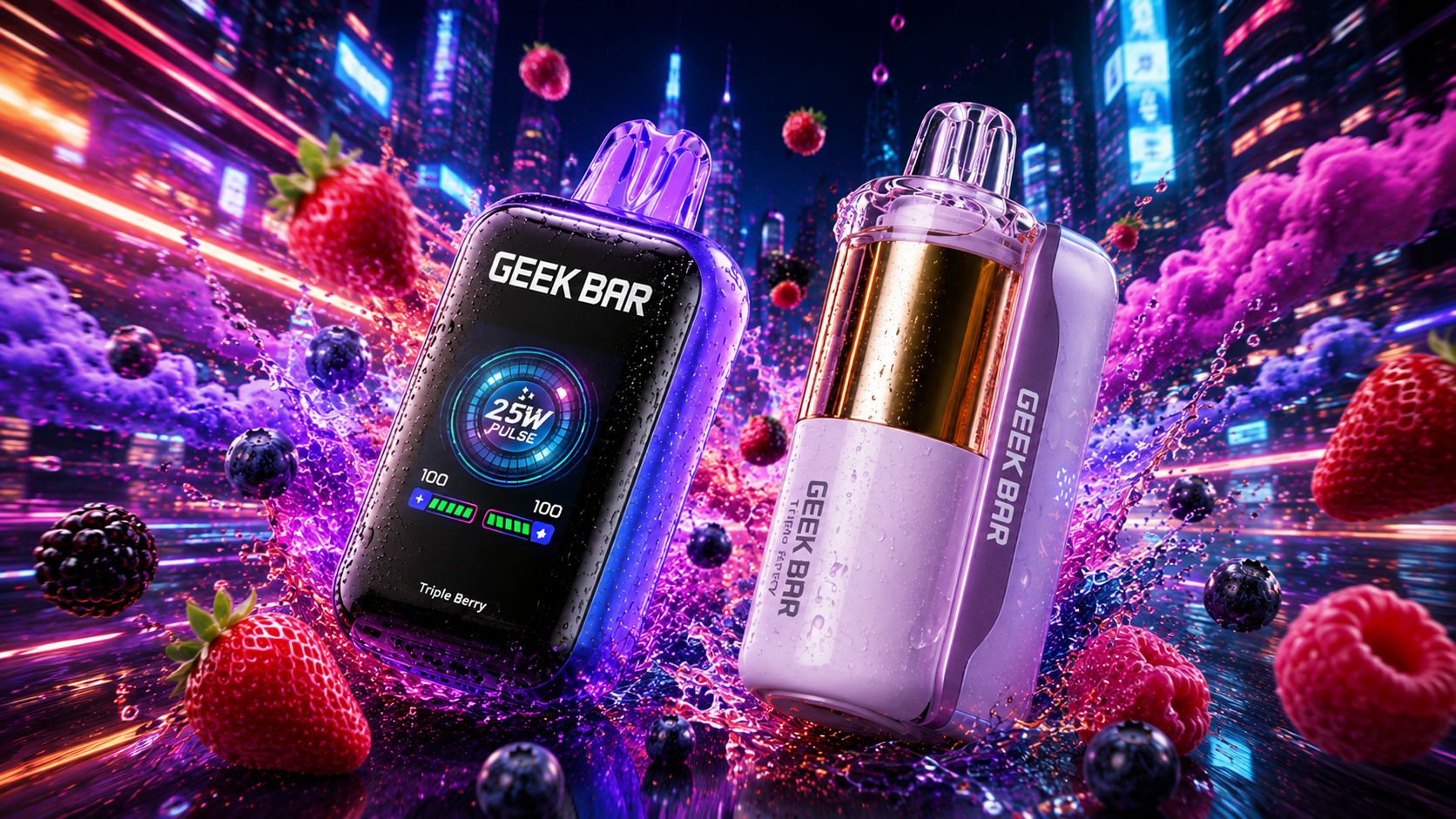 Two purple disposable devices with mixed berries, water splashes, and colorful lights in a futuristic city.