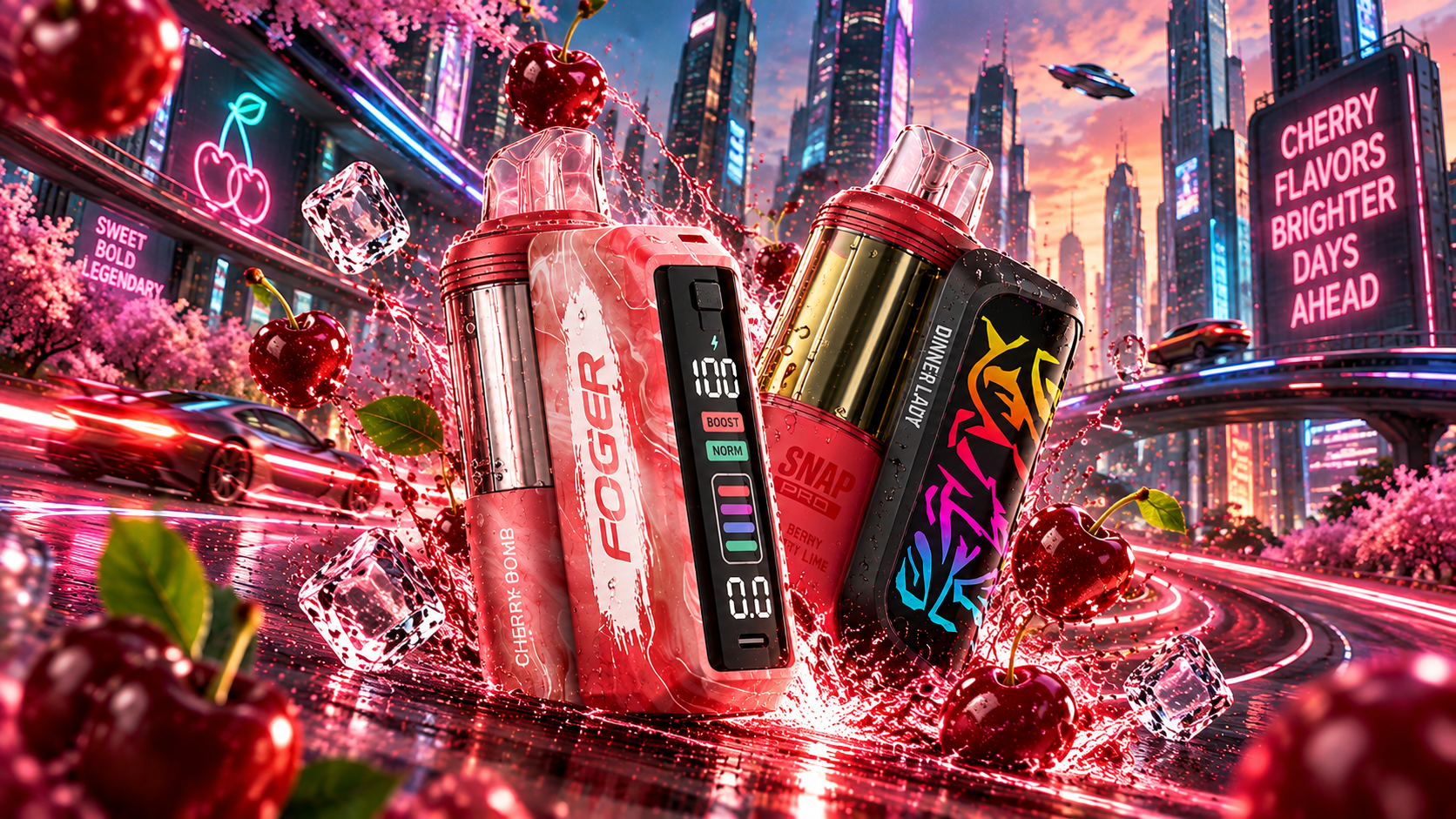 Two colorful devices surrounded by cherries, ice, and water splashes in a bright futuristic neon city.