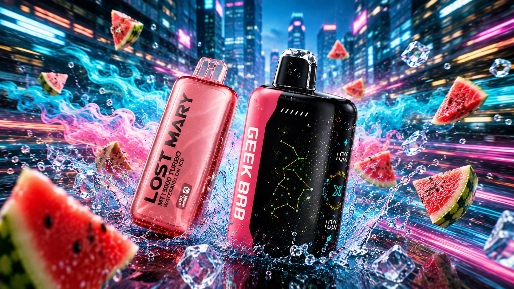 Two colorful devices with water droplets, watermelon slices and ice in a bright futuristic city scene.