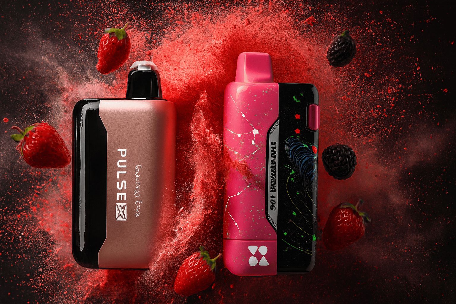 The image presents two vape devices against a vivid backdrop of red powder and floating berries. The left device, sleek and metallic, is labeled "PULSE" with the phrase "Quantum Era" and a logo beneath it. The right device features a bold pink and black design with abstract patterns and the text "901 SATELLITE ONE." Surrounding strawberries and blackberries enhance the fruity, energetic theme, creating a visually dynamic and flavor-rich impression.