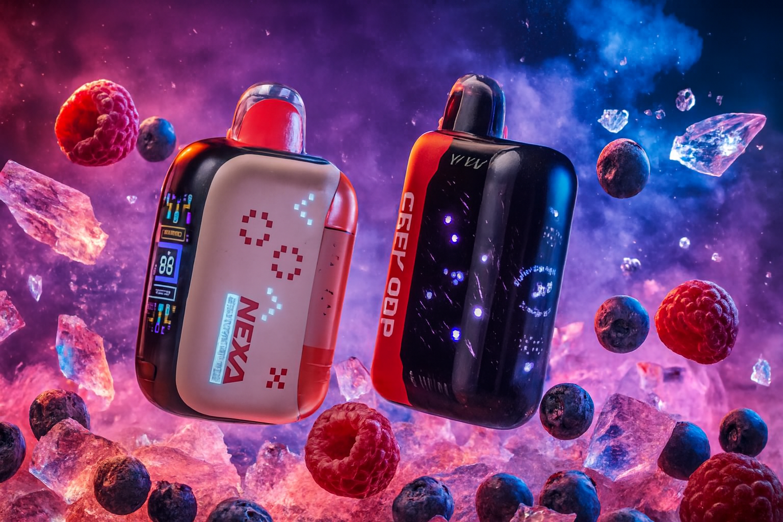 The image showcases two futuristic vape devices set against a vibrant cosmic background of purples, pinks, and blues. The left device, labeled “NEXA,” features a digital display with indicators like battery level and wattage. The right device has a sleek black and red design with glowing blue lights and Cyrillic text. Floating around them are raspberries, blueberries, and ice crystals, emphasizing a cool, fruity, and high-tech vibe.