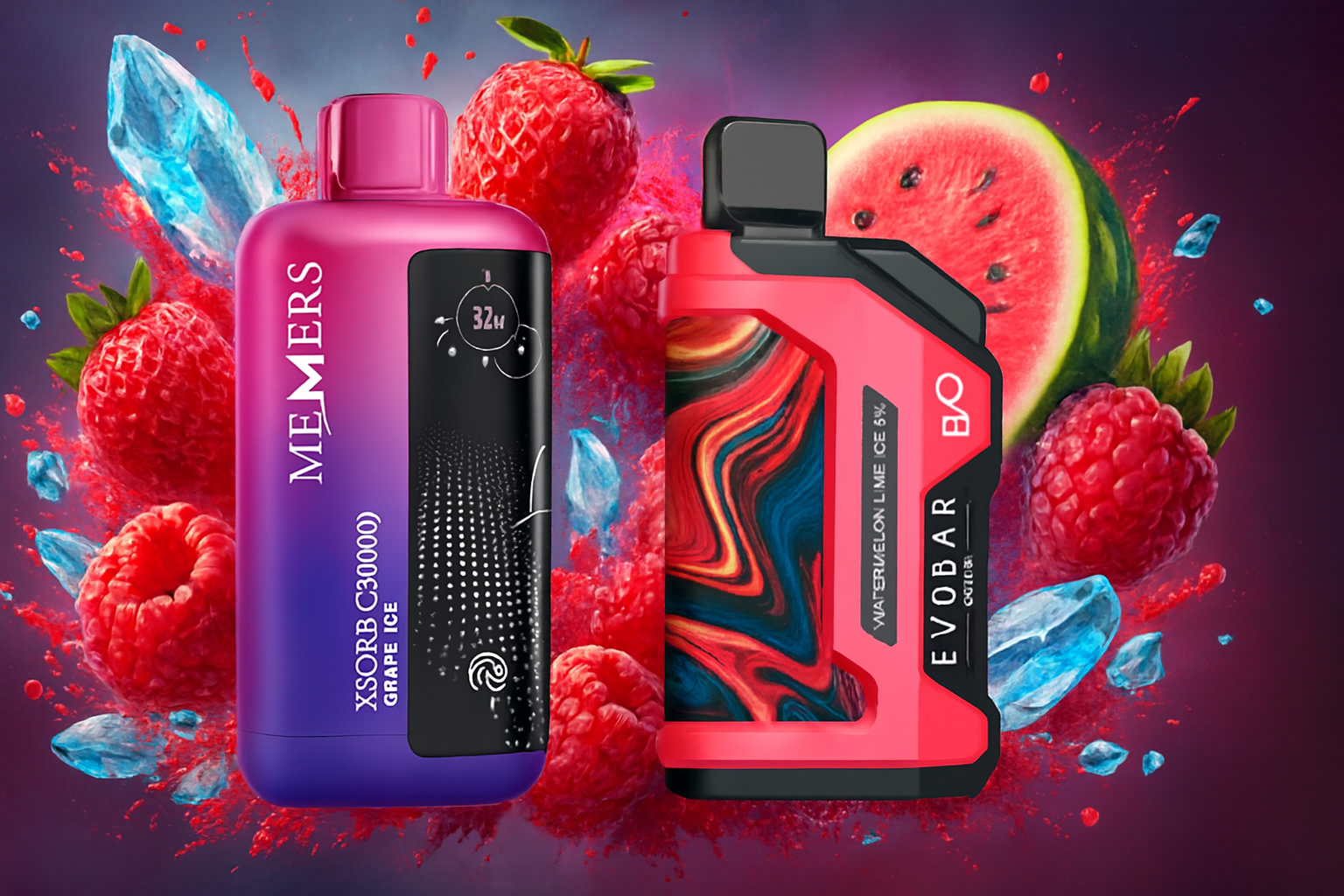 The image features two eye-catching vape devices set against a vibrant backdrop of raspberries, watermelon slices, and icy crystals. The left device, in purple and pink, is branded "MEMERS" and labeled "XSORB (30000) GRAPE ICE" with a digital display showing "32W." The right device, in red and black with a swirling multicolor design, is marked "EVOBAR" and "WATERMELON LIME ICE 5%." The composition highlights a bold, fruity flavor theme with a cool, refreshing aesthetic.