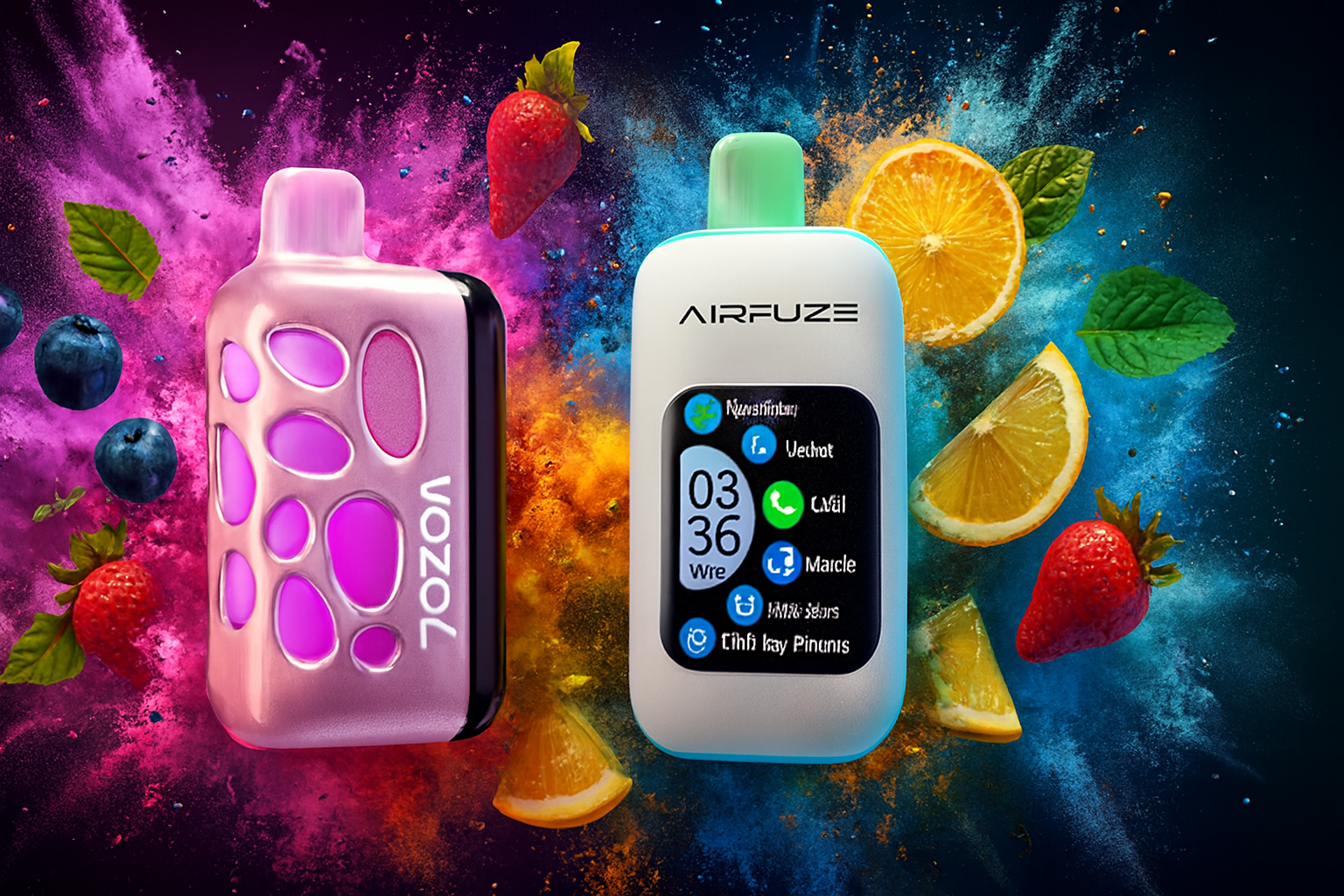 The image showcases two vibrant vape devices surrounded by splashes of color and fresh fruits like blueberries, strawberries, orange slices, raspberries, and mint leaves. The left device, labeled "VOZOL," features a pink and purple design with oval cutouts, while the right one, "AIRFUZE," resembles a mini smartphone with a digital screen displaying app-like icons. The dynamic background and fruit elements emphasize a playful, tech-inspired aesthetic and a burst of fruity flavor.