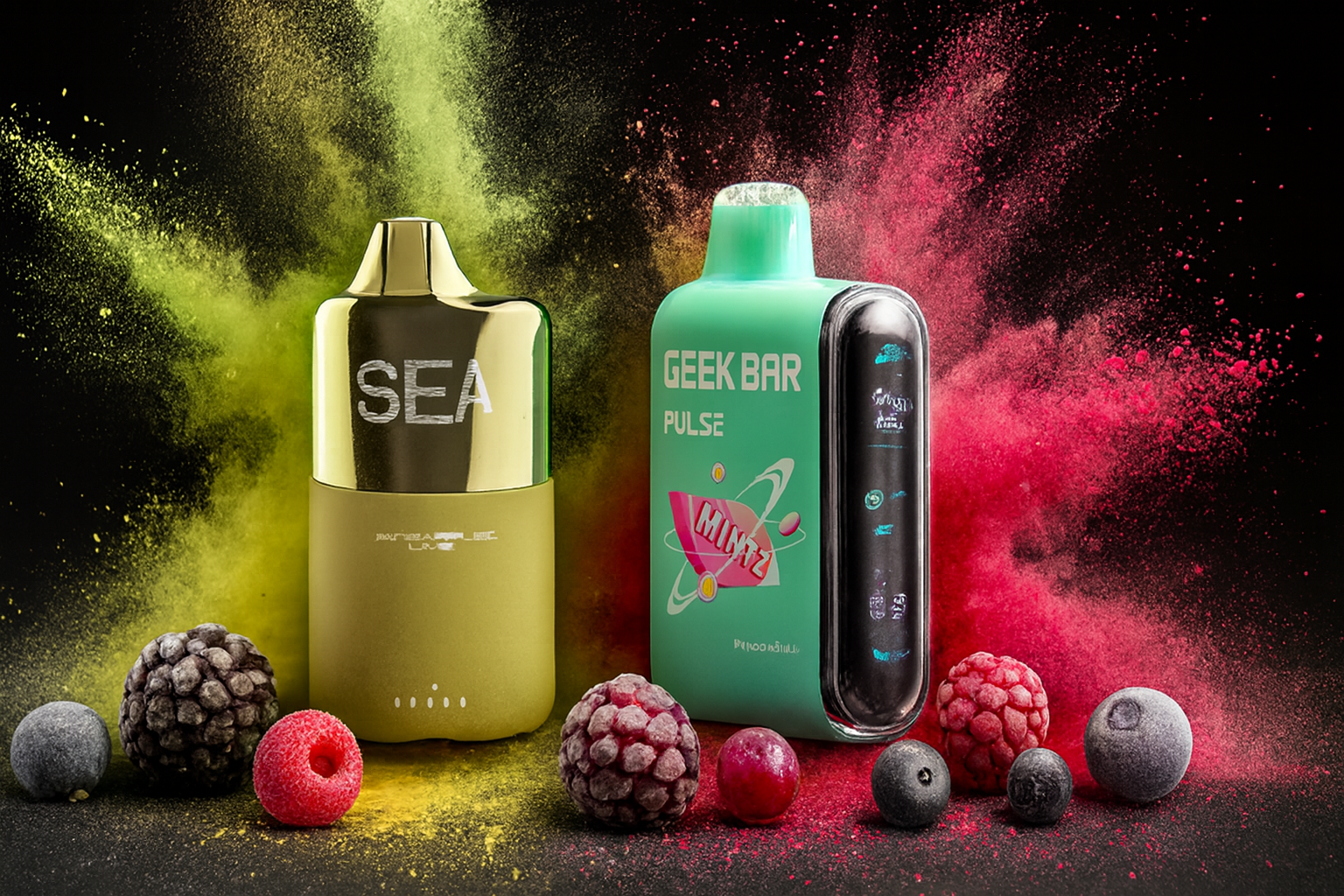 The image showcases two vibrant vape devices set against a dynamic backdrop of colorful powder bursts and frozen berries. The left device, in gold and green, features the metallic branding "SEA" and faint text "DISPOSABLE LUX," while the right device, labeled "GEEK BAR PULSE," combines turquoise and black with a glowing digital interface and an atom graphic marked "MINI." Surrounding raspberries, blueberries, blackberries, and cherries enhance the fruity, refreshing theme with a bold, high-tech flair.