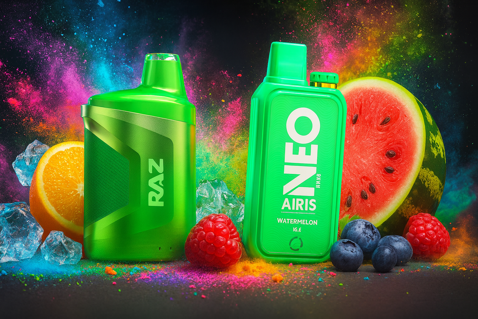 The image features two bright green vape devices set against a vivid backdrop of neon powder splashes in pink, blue, green, and yellow. The left device, labeled "RAZ," has a sleek, minimalist design, while the right one, marked "NEO AIRIS WATERMELON IG.E," is rectangular with a prominent mouthpiece. Surrounding them are fresh fruits like watermelon, orange slices, raspberries, blueberries, and ice cubes, creating a refreshing and flavorful atmosphere.