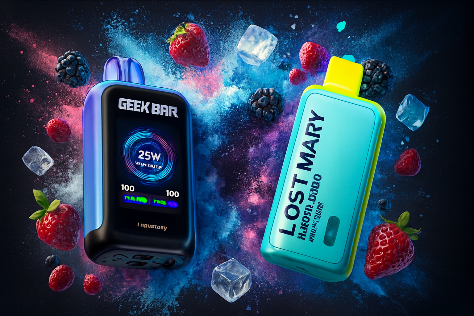 The image showcases two vape devices surrounded by vibrant fruits and ice cubes, set against a cosmic-themed background. The left device, labeled "GEEK BAR," features a circular graphic with "25W" and dual "100" indicators, while the right device, marked "LOST MARY," displays stylized text and a hashtag. Strawberries, raspberries, blackberries, and blueberries emphasize a rich, fruity flavor profile, while the icy elements suggest a cool, refreshing sensation.