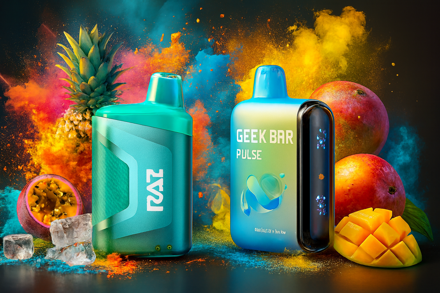 The image displays two colorful vape devices set against a vibrant backdrop of exploding powder and tropical fruits. On the left, the teal "RAZ" device features a textured surface, while the right "GEEK BAR PULSE" device showcases a sleek blue-to-yellow gradient with glowing blue dots and the label "dual mesh & boost mode." Surrounding them are pineapple, mangoes, passion fruit, and ice cubes, creating a lively, exotic atmosphere that emphasizes refreshing, fruity flavors.