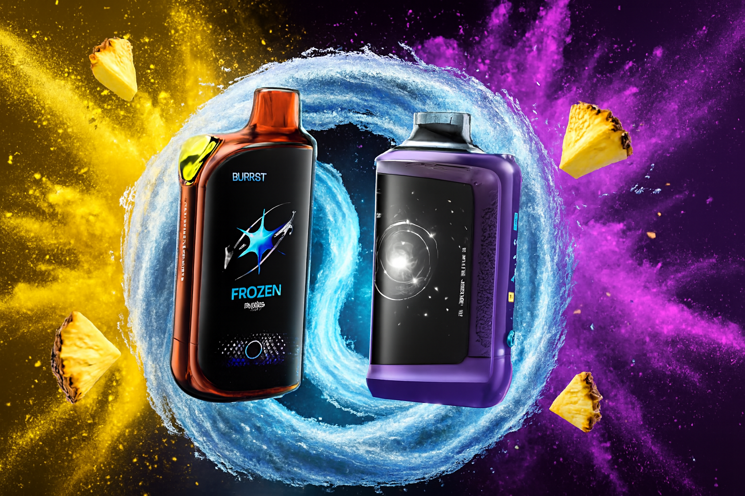 The image displays two vape devices set against a dramatic backdrop of swirling blue water and vibrant color bursts. The left device, labeled "BURRST FROZEN," features a bold black and orange design with a blue starburst graphic, while the right device has a sleek purple casing with a cosmic-themed display resembling a swirling galaxy. Floating pineapple slices and dynamic yellow and purple explosions enhance the tropical, energetic vibe, emphasizing a bold and refreshing flavor experience.