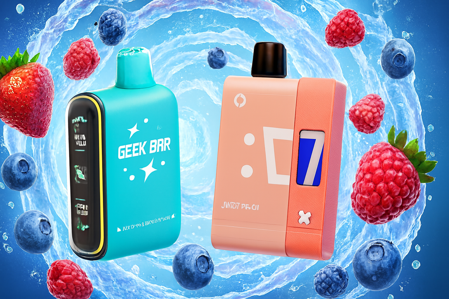 The image showcases two colorful vape devices surrounded by a swirl of water and a mix of fresh berries, including strawberries, blueberries, and raspberries. The turquoise device on the left is labeled "GEEK BAR" and features a small screen, while the peach-colored device on the right displays "JWT07 PG-C1" with a glowing blue number "7." The vibrant background and fruit elements suggest a refreshing, berry-infused flavor experience with a modern, tech-inspired design.