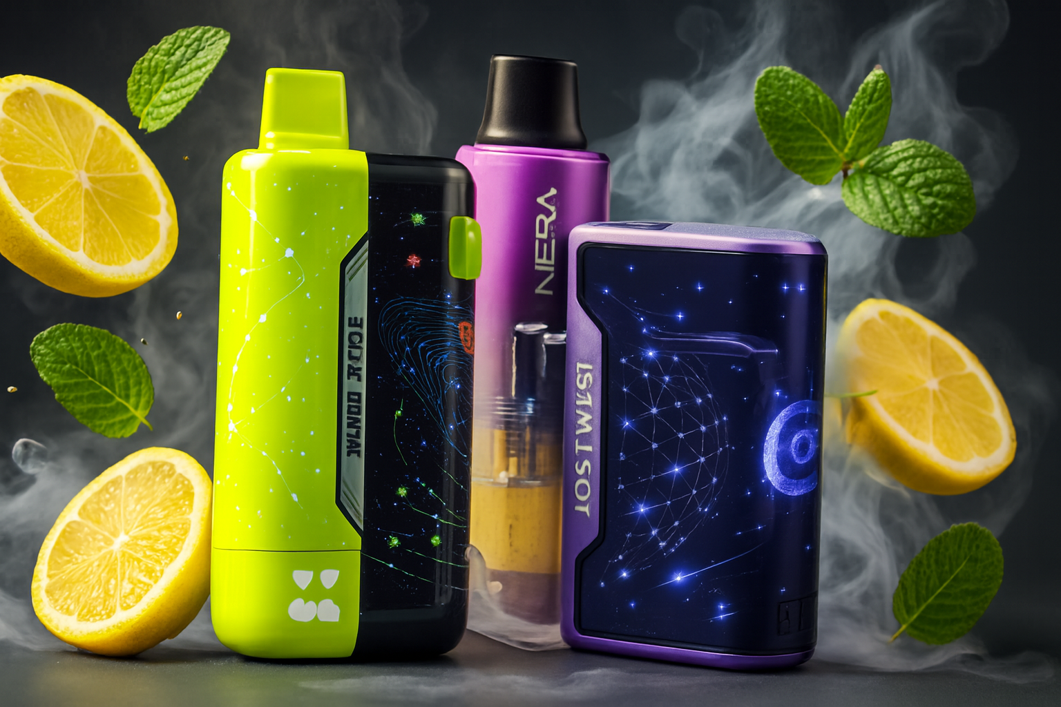 The image features three futuristic vape devices set against a dark, vapor-filled background with floating lemon slices and mint leaves. The left device is neon green and black with the text "30K PUFF" and "VINDO MODE," the center one is metallic purple labeled "NERA," and the right device combines deep blue and purple tones with a starry digital design and the branding "LOST VAPE." The vibrant colors and swirling vapor create a bold, high-tech atmosphere that emphasizes freshness and innovation.