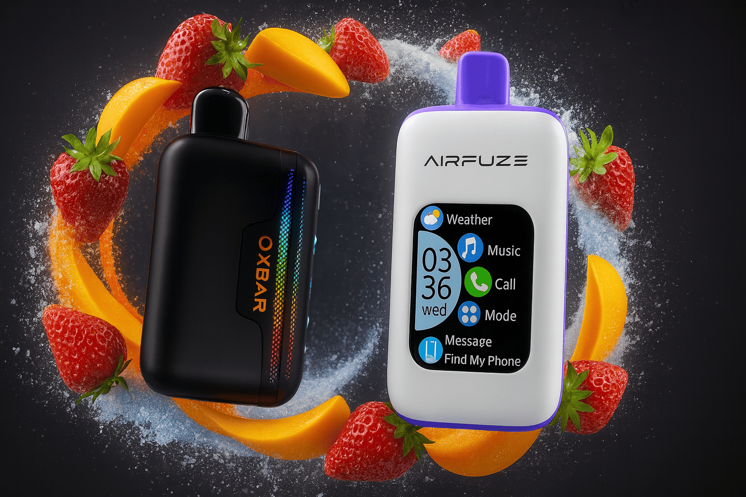 The image features two sleek vape devices surrounded by strawberries, mango slices, and splashes of liquid, set against a vibrant background. The left device, labeled “OXBAR,” is black with a rainbow-colored strip, while the right device, marked “AIRFUZE,” is white with a purple mouthpiece and a digital screen displaying icons like Weather, Music, Call, and more. The lively composition highlights fruity flavors and smart technology, blending freshness with modern design.