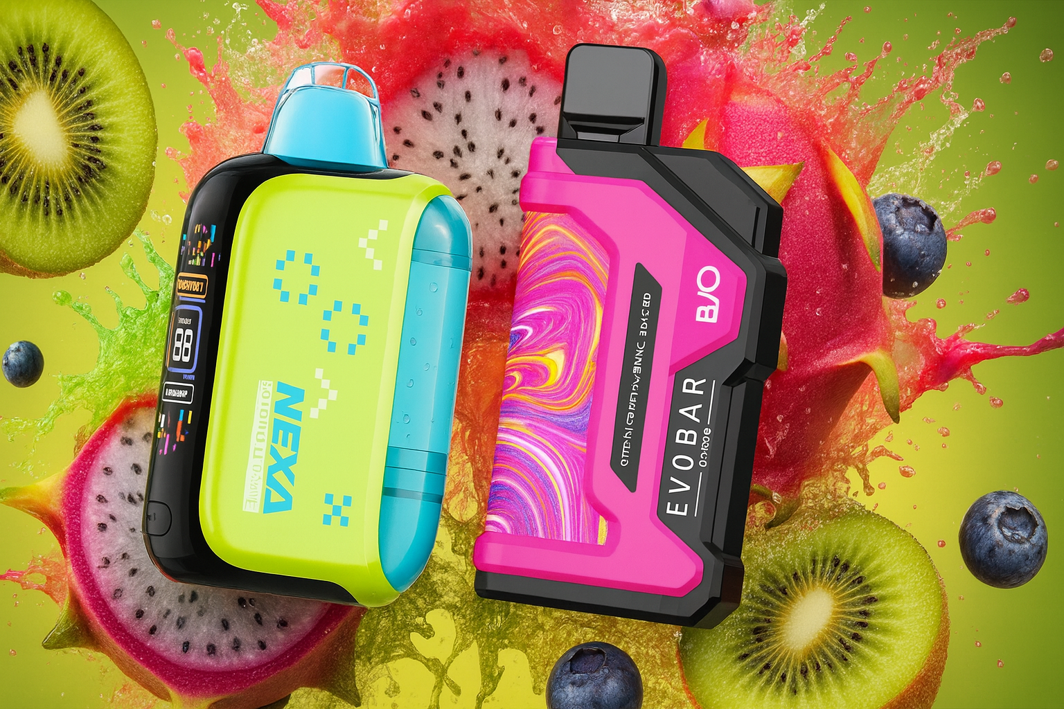 The image showcases two vibrant vape devices set against a dynamic background of splashing fruit and icy elements. The left device, labeled “NEXA,” features a neon green and black design with a digital display and blue mouthpiece. The right device, branded “EVOBAR,” has a bold pink and black swirl pattern with the text “BJO” and “Once.” Surrounding them are kiwi slices, blueberries, and dragon fruit, emphasizing a fresh, fruity flavor theme with a modern, energetic aesthetic.