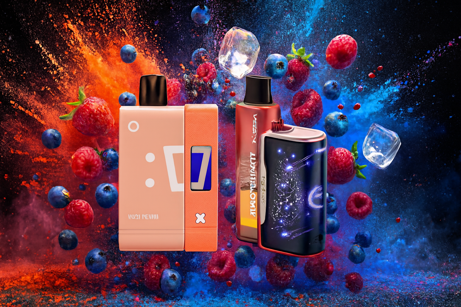 The image features three vibrant vape devices set against a dynamic backdrop of red and blue powder bursts, fresh berries like raspberries, blueberries, and strawberries, and scattered ice cubes. One device is peach-colored with a digital display and sleek graphics, another is metallic red with the branding “VEEX LUMINARY,” and the third is black with a cosmic design of stars and a crescent moon. The overall composition evokes a cool, berry-infused sensation with a futuristic and energetic vibe.
