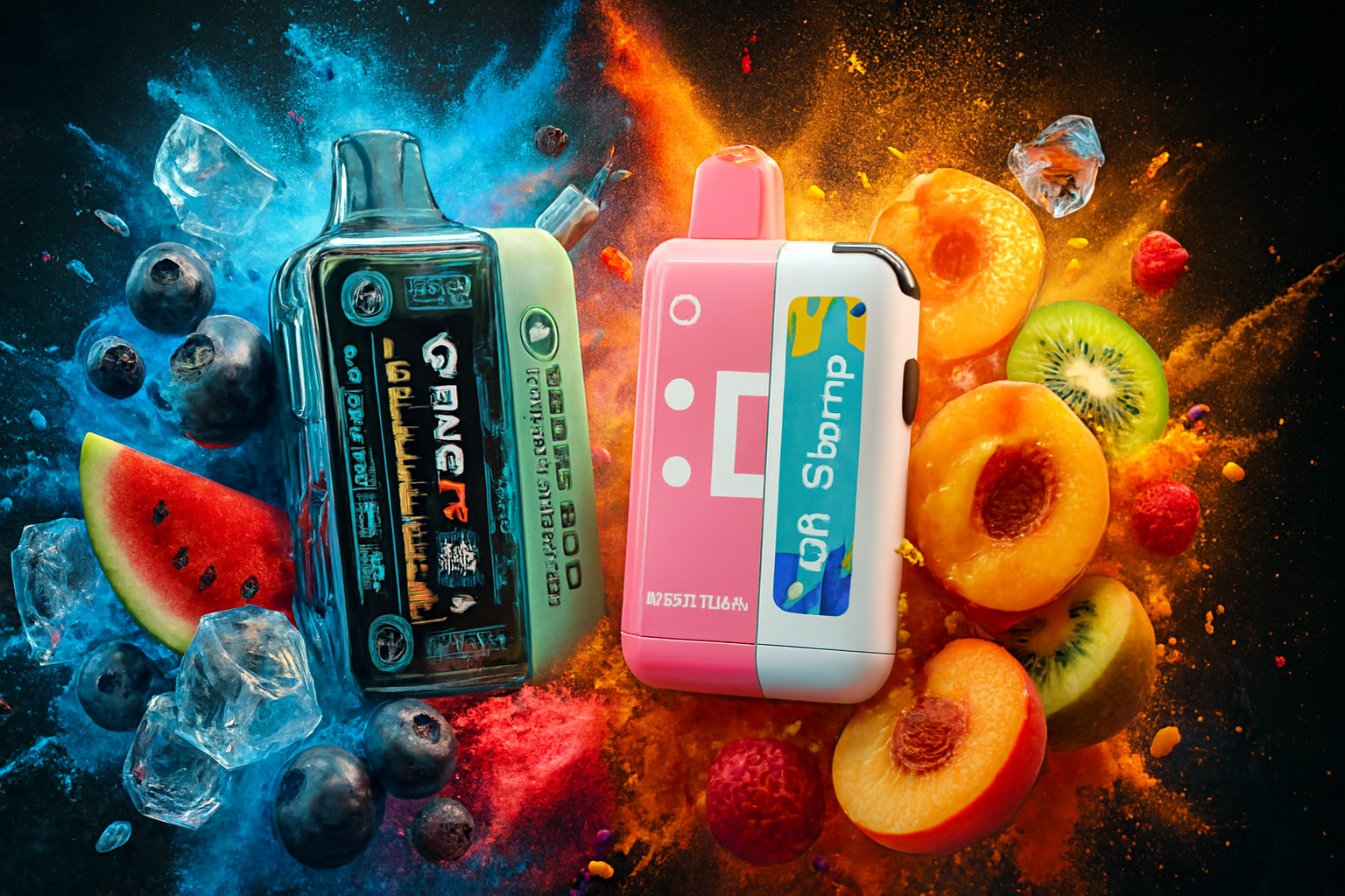 The image features two vibrant vape devices surrounded by an explosion of fruity elements and colorful powder bursts. On the left, a blue-green cassette-themed vape is nestled among blueberries, watermelon slices, and ice cubes, set against a cool-toned blue and red background. On the right, a pink-white retro-style vape is paired with peaches, kiwi, raspberries, and ice, framed by warm orange hues. The dynamic composition and bold contrast between the cool and warm palettes emphasize the refreshing, flavorful experience each device offers.