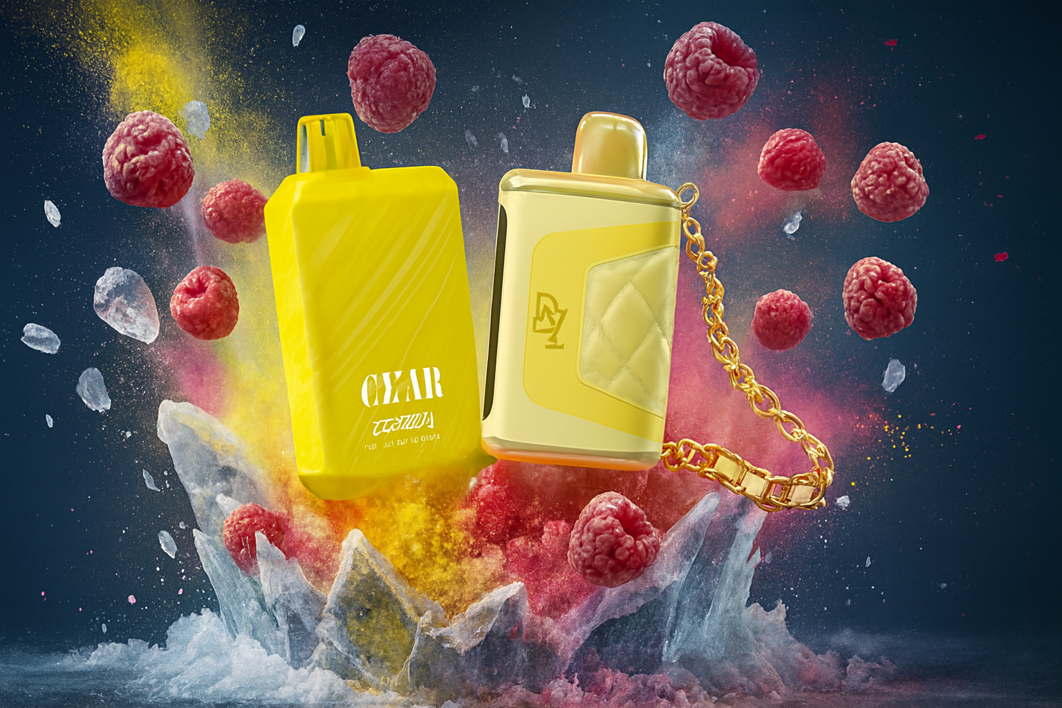 The image features two vibrant vape devices surrounded by raspberries, ice shards, and bursts of colored powder. The left device is solid yellow with the branding "CZAR" and stylized text, while the right device showcases a more elaborate yellow-and-gold design with a quilted texture and a gold chain. The dynamic background and fruit elements emphasize a cool, refreshing raspberry flavor and a bold, luxurious aesthetic.