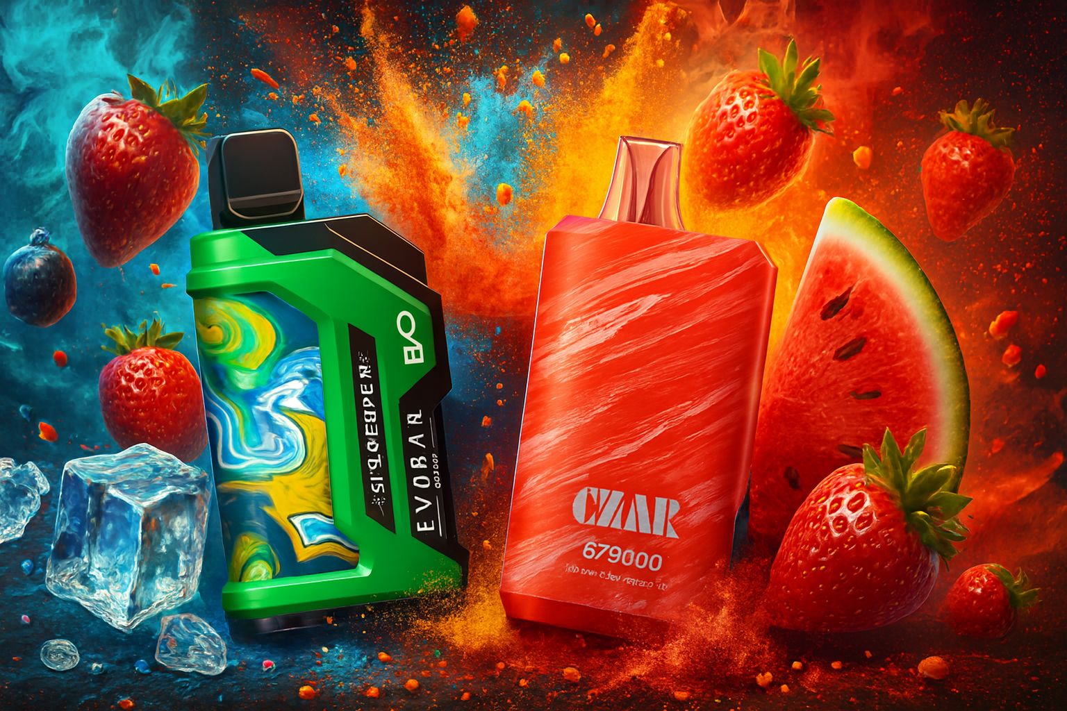 The image presents two visually striking vape devices surrounded by vibrant fruit and elemental contrasts. On the left, a green vape labeled "EVORA BIO" features swirling blue and yellow accents and is set among strawberries, blueberries, and ice cubes against a cool blue backdrop. On the right, a red marbled device marked "CZAR 679000" is paired with strawberries and watermelon slices, framed by fiery orange and red tones. The interplay of ice and fire, along with the rich fruit imagery, evokes a dynamic sensory experience of refreshing and bold flavors.