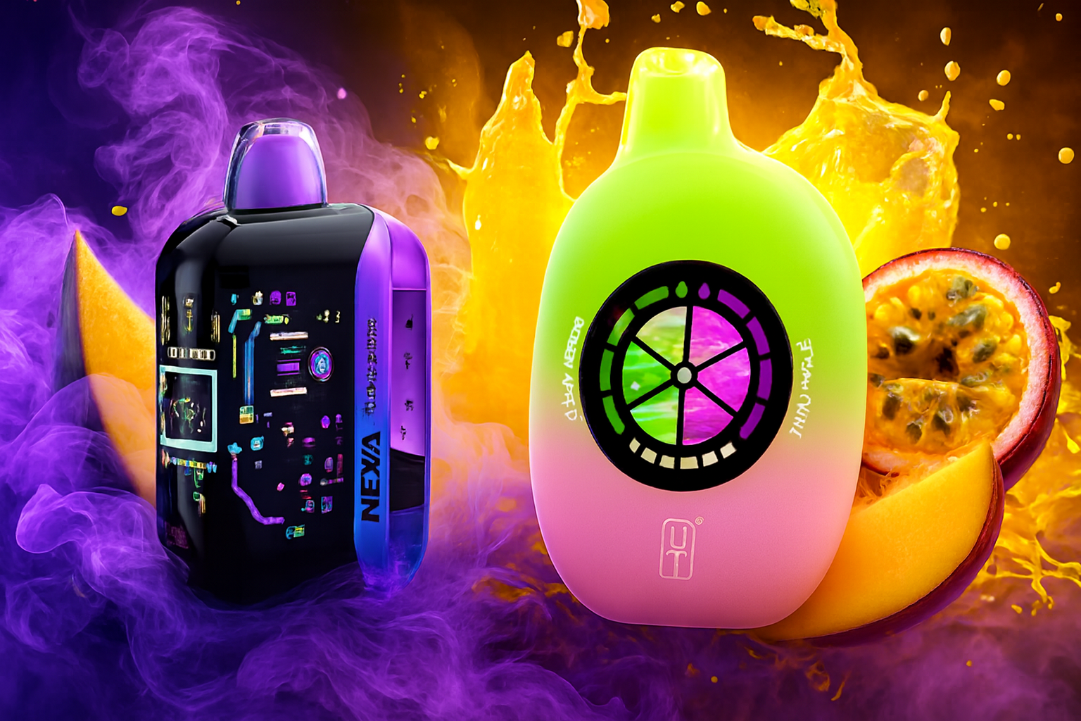 The image features two vibrant vape devices set against a swirling backdrop of purple and yellow smoke, accented by tropical fruits like mango slices and passionfruit. The left device, sleek and black with purple highlights, is labeled "NEXA" and displays a futuristic digital interface. The right device showcases a green-to-pink gradient with a circular window design and the text "GALAXY ART" and "UT." The dynamic composition evokes a bold, exotic flavor experience with a modern, high-energy aesthetic.