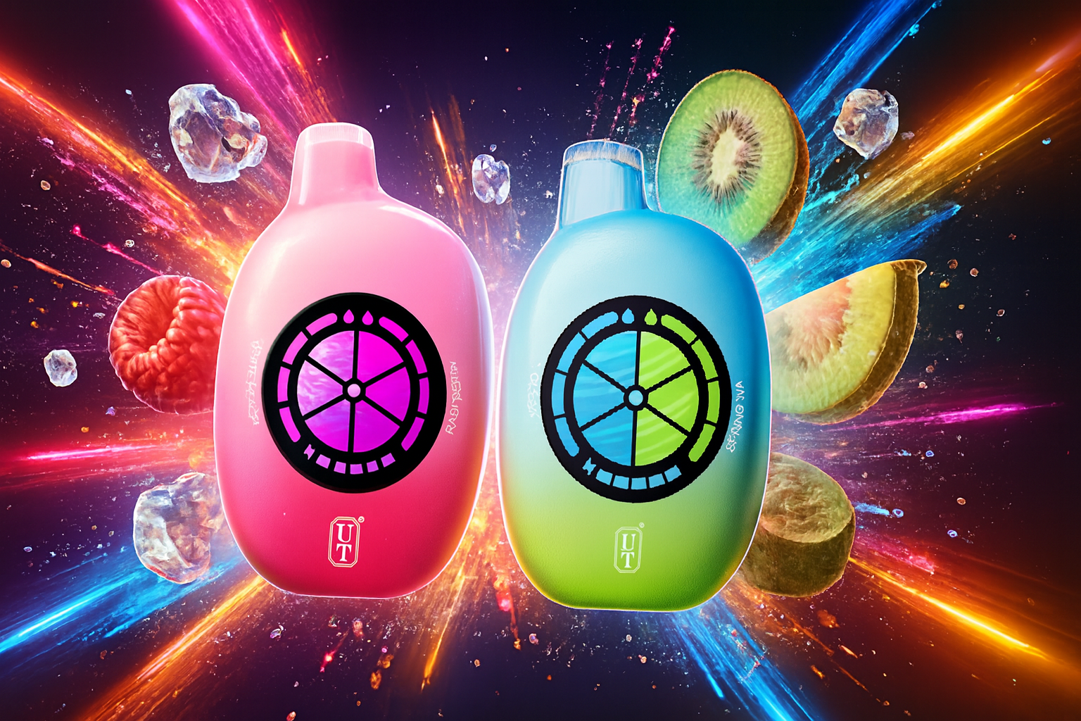 The photo shows two colorful vape devices set against a dynamic background of light streaks, fruit, and ice. On the left, a pink device labeled “RUBY RASPBERRY” features circular accents in shades of pink and purple, while on the right, a blue-and-green device labeled “VIVA KIWI KISS” displays a matching circular design. Both carry the “UT” logo at the bottom. Surrounding raspberries, kiwis, and icy details emphasize a fruity, refreshing theme, creating a vibrant and eye-catching composition.