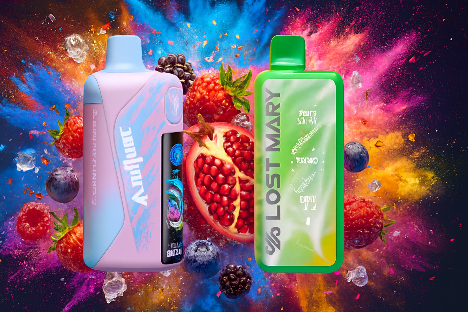 The image features two vibrant vape devices set against a dynamic background of colorful powder bursts and fresh fruits. The left device, labeled "AQUA" with the flavor "Blue Razz Ice," has a pink and blue gradient design and sits among blueberries, raspberries, and ice cubes. The right device, marked "LOST MARY," is green and surrounded by strawberries, pomegranate seeds, and blackberries. The energetic composition and icy fruit elements evoke a refreshing and flavorful vaping experience.