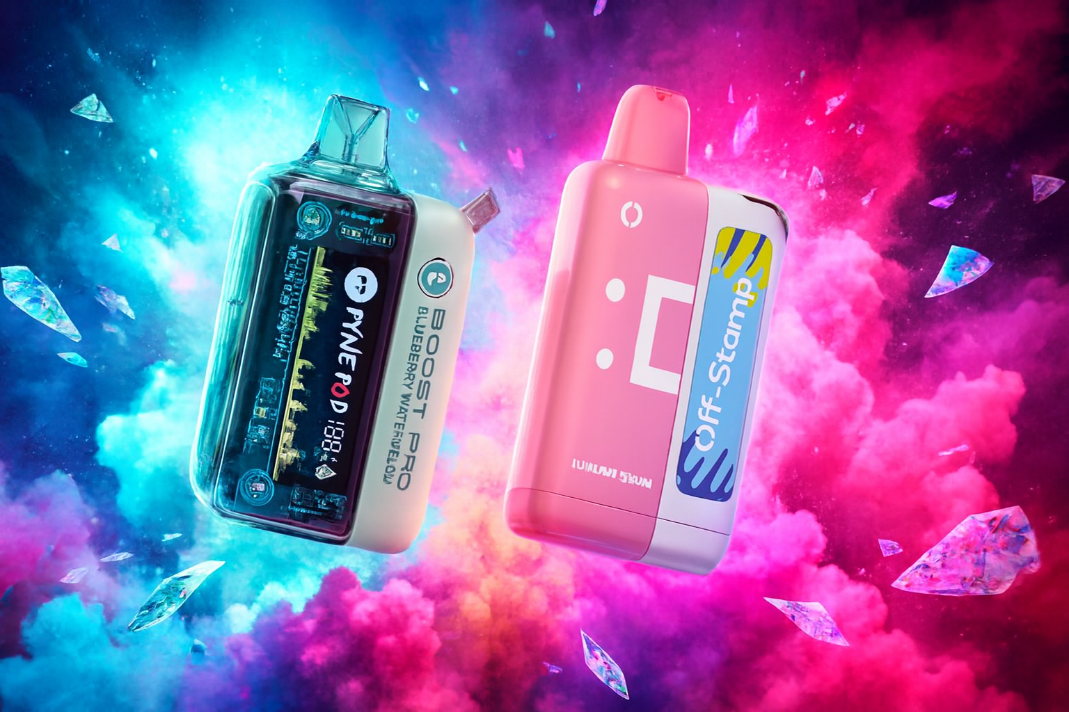 The image showcases two vibrant vape devices set against a cosmic-themed background filled with crystal shards and swirling clouds of blue, pink, and purple. The left device, labeled "PYNE POD BOOST PRO BLUEBERRY WATERMELON," features a transparent casing revealing internal components and a digital display. The right device is pink with a playful face icon and the label "Off-Stamp" on a multicolored strip. The surreal setting and vivid colors emphasize a futuristic, flavor-rich experience.