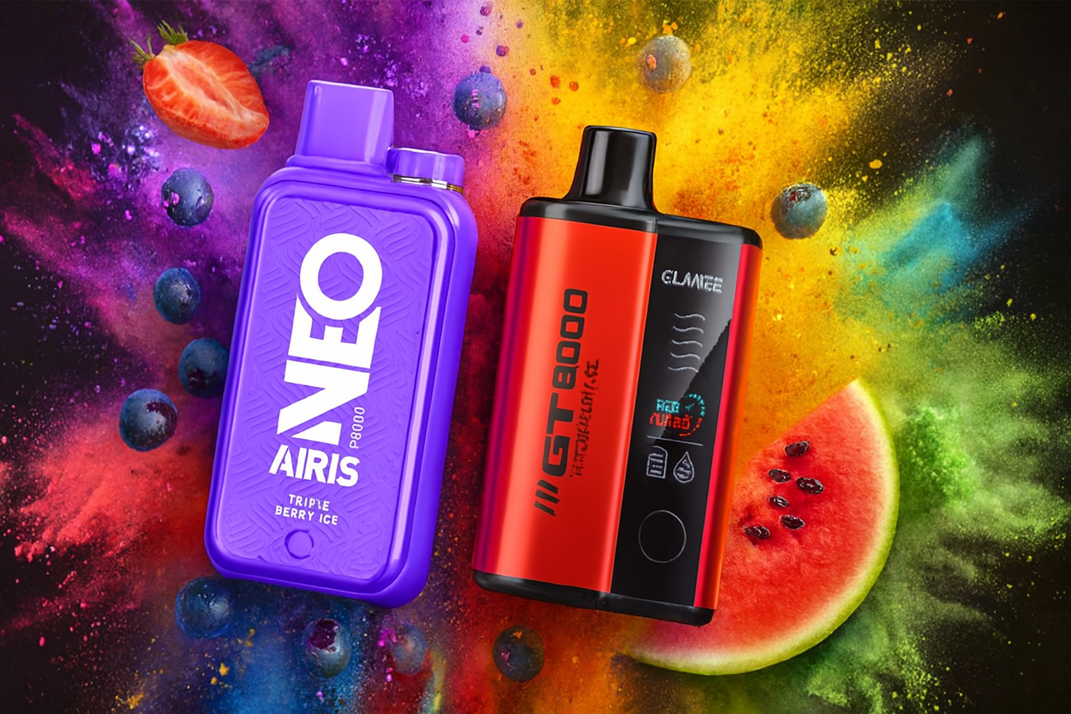The image features two vibrant vape devices set against a dynamic backdrop of splattered colors and fresh fruits. The left device, in purple, is labeled "NEO AIRIS P8000 TRIPLE BERRY ICE," suggesting a rich berry flavor. The right device, in red and black, is marked "GT8000 CLAMICE" with icons for battery, liquid, and puff count, emphasizing its rechargeable functionality. Blueberries, a strawberry, and a watermelon slice surround the devices, enhancing the fruity and refreshing theme.