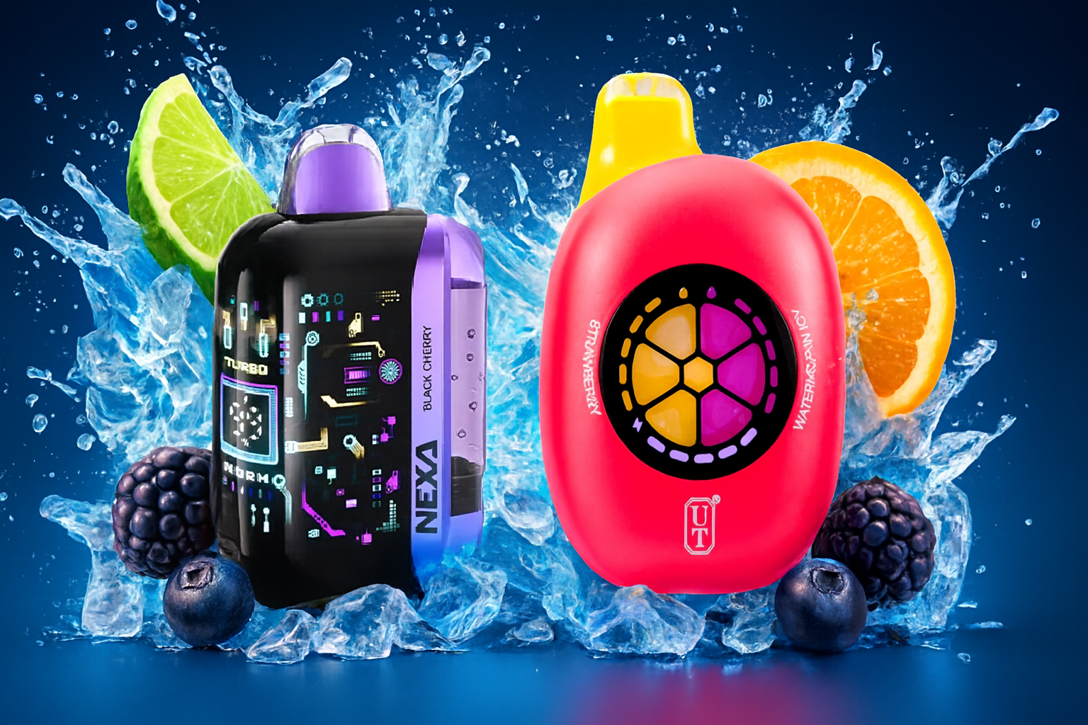 The image displays two colorful vape devices set against a vibrant backdrop of splashing water and assorted fruits. The left device, labeled "NEXA BLACK CHERRY," features a futuristic circuit board design with a purple mouthpiece. The right device is red with a yellow mouthpiece, marked "STRAWBERRY" and "WATERMELON MOJ," and decorated with a circular fruit-slice motif. Surrounding them are lime, orange slices, blackberries, and blueberries, creating a bold, fruity atmosphere that highlights refreshing flavor profiles and eye-catching design.