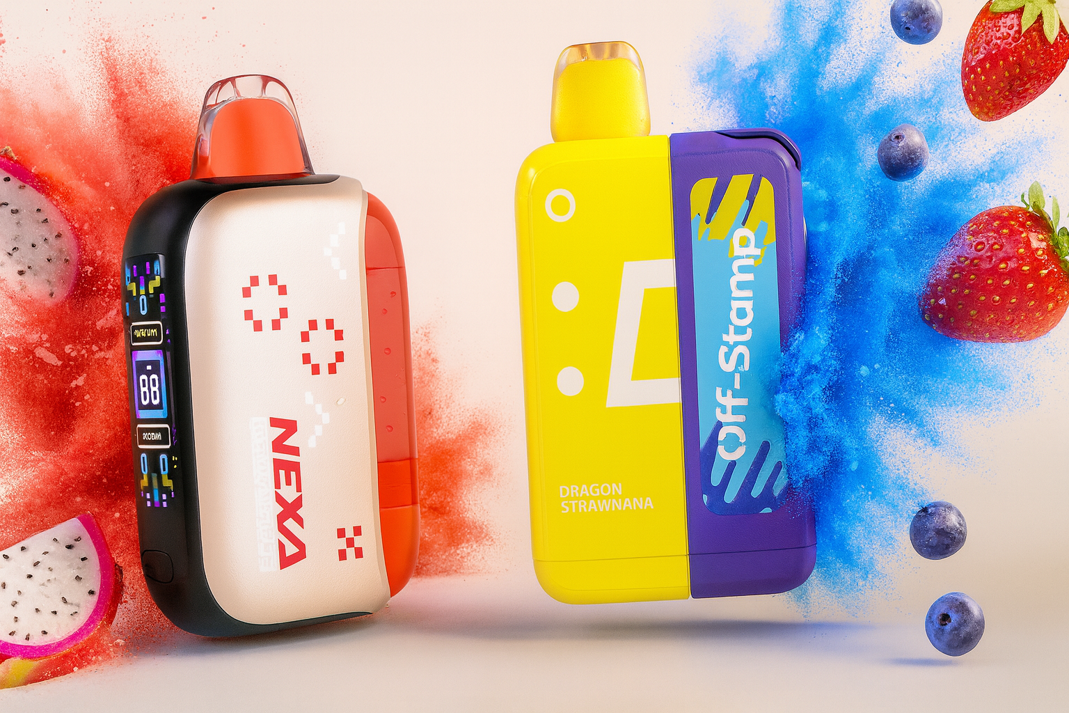 The image showcases two vibrant vape devices set against a dynamic fruit-themed background. The left device, labeled "NEXA," features a pixel-style digital display and is surrounded by red and white dragon fruit slices with bursts of red powder. The right device, branded "Off-Stamp," has a bold yellow and purple design with the flavor "DRAGON STRAWNANA" printed on it, placed among strawberries, blueberries, and blue powder. The composition radiates fruity energy and modern flair.