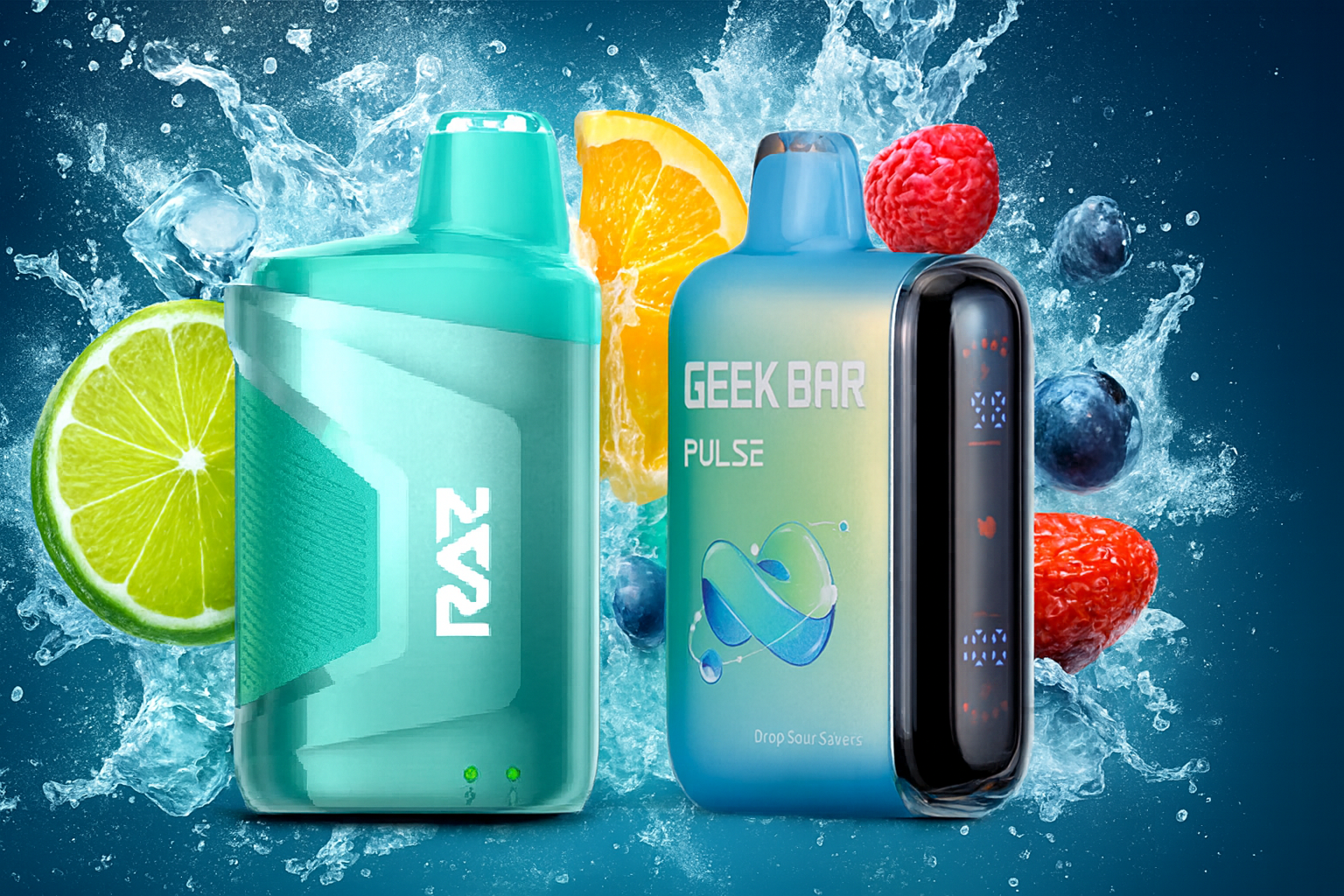 The image features two vibrant vape devices set against a dynamic splash of water and colorful fruits, including lime, orange, raspberry, and blueberry. The left device, labeled "RAZ," has a sleek turquoise design, while the right one, "GEEK BAR PULSE," displays a gradient finish and digital screen, highlighting the flavor "Drop Sour Savers." The energetic composition emphasizes freshness and fruity intensity, creating a bold and refreshing visual impact.