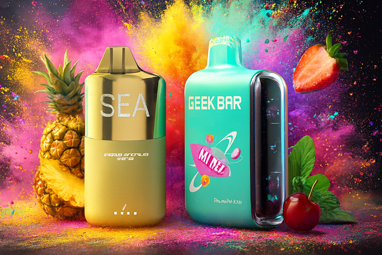 The image displays two colorful vape devices set against a vibrant explosion of multicolored powder and tropical fruits. The left device, in gold and green, is labeled "SEA" with additional branding details, while the right device, turquoise in color, features the label "GEEK BAR" and a playful graphic of a pink spaceship with the word "MINT!" surrounded by fruit icons and planetary rings. Pineapple, strawberry, cherry, and mint leaves enhance the fruity, energetic theme, creating a bold and imaginative visual experience.