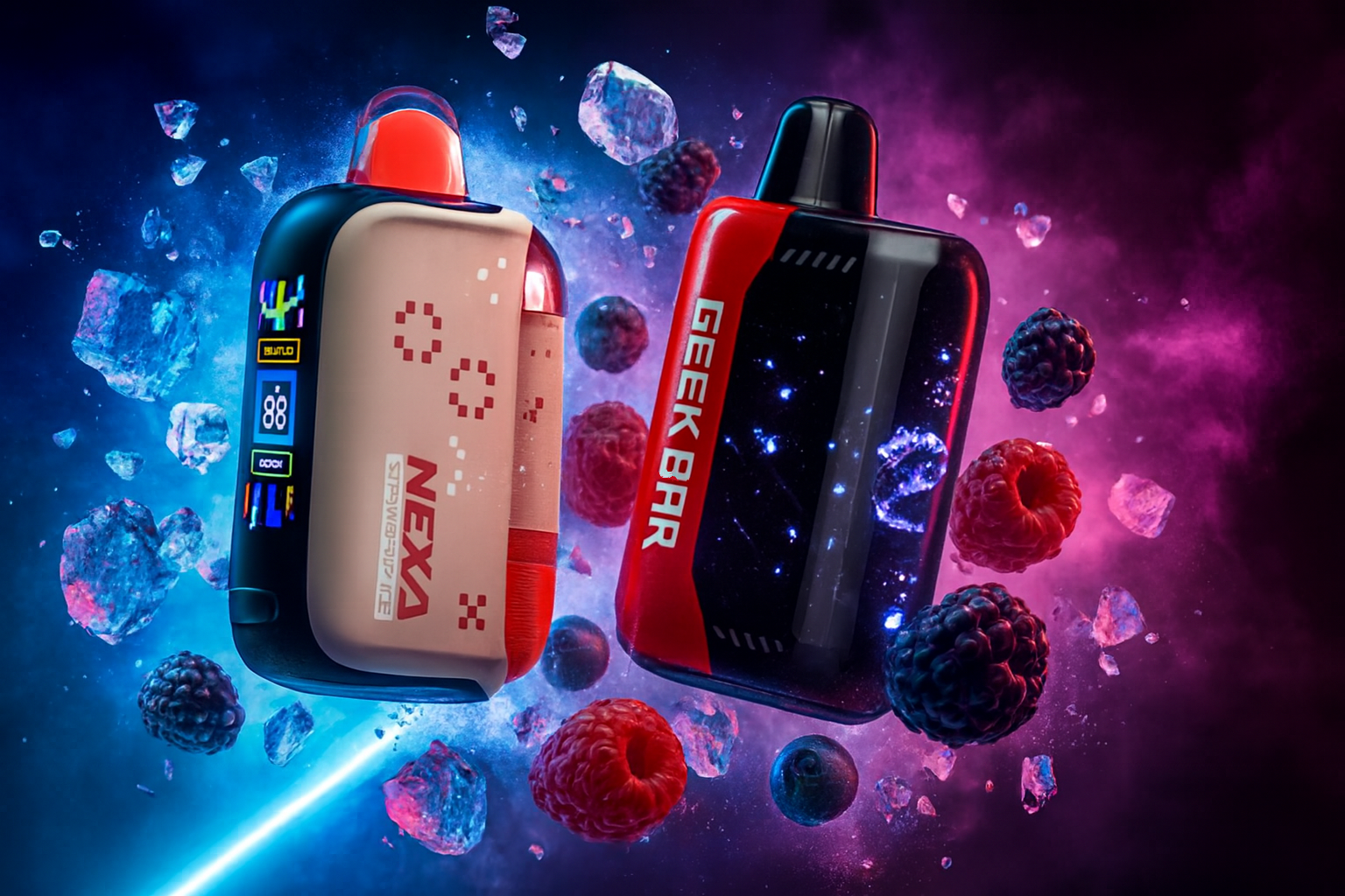 The image showcases two vape devices floating in a cosmic-themed setting filled with vibrant blue and purple powder clouds, ice cubes, and assorted berries like raspberries, blueberries, and blackberries. The left device, labeled "NEXA STRAWBERRY ICE," features a digital display with icons and numbers such as "88" and "MODE," suggesting a tech-forward design. The right device, branded "GEEK BAR," has a sleek, glossy finish with a starry pattern, enhancing the futuristic and flavorful vibe of the composition.